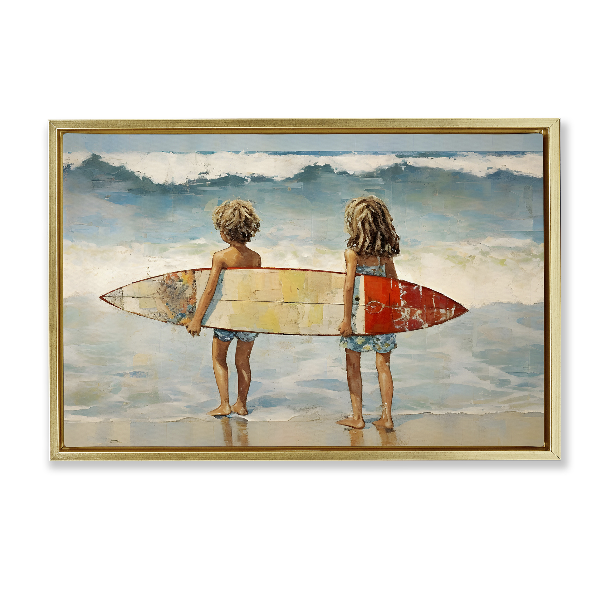 Stupell Industries Kids with Surf Waves People Painting Gold Floater Framed Canvas Art Print Wall Art, 31 x 21
