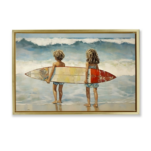 Stupell Industries Kids with Surf Waves People Painting Gold Floater Framed Canvas Art Print Wall Art, 31 x 21