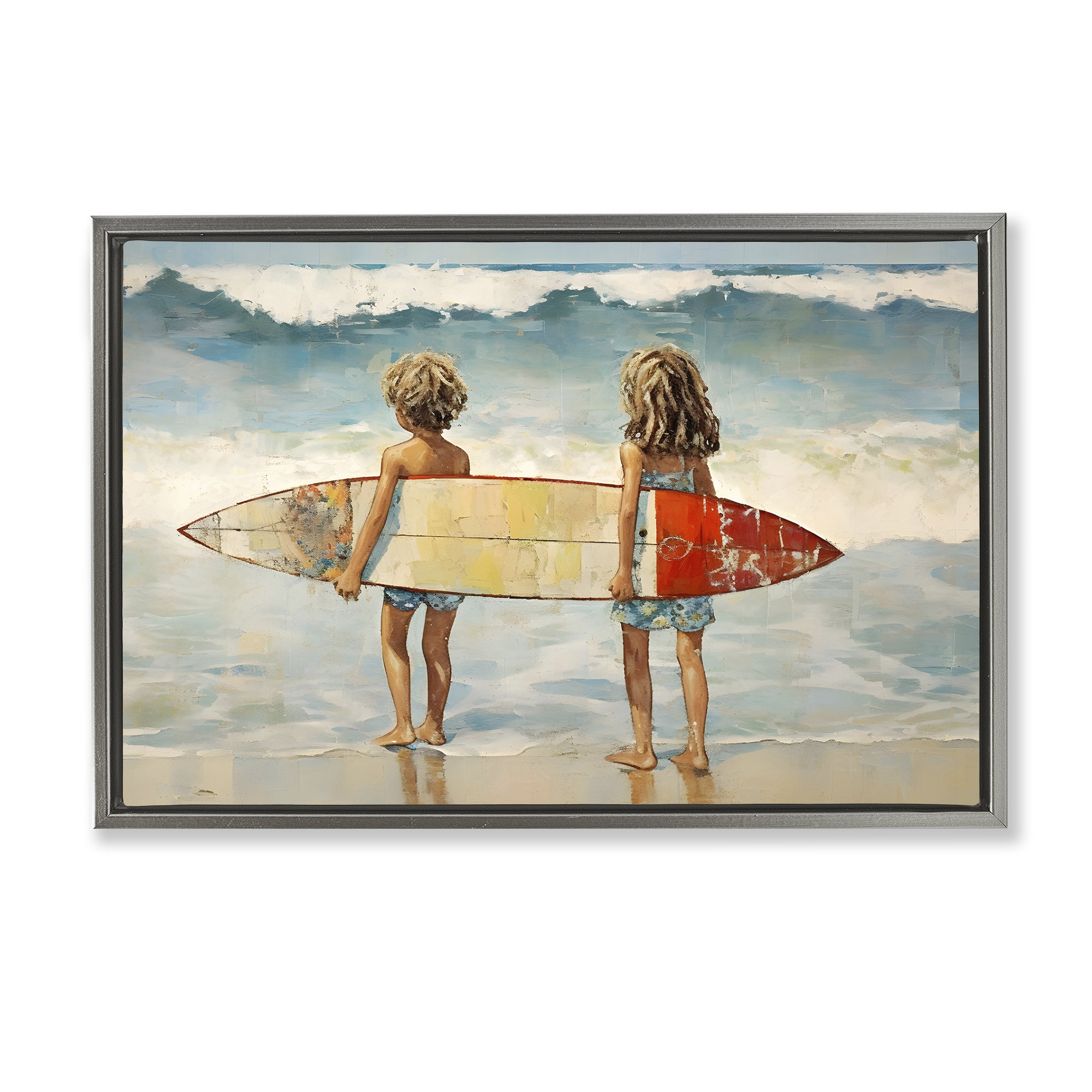 Stupell Industries Kids with Surf Waves People Painting Gray Floater Framed Canvas Art Print Wall Art, 31 x 21