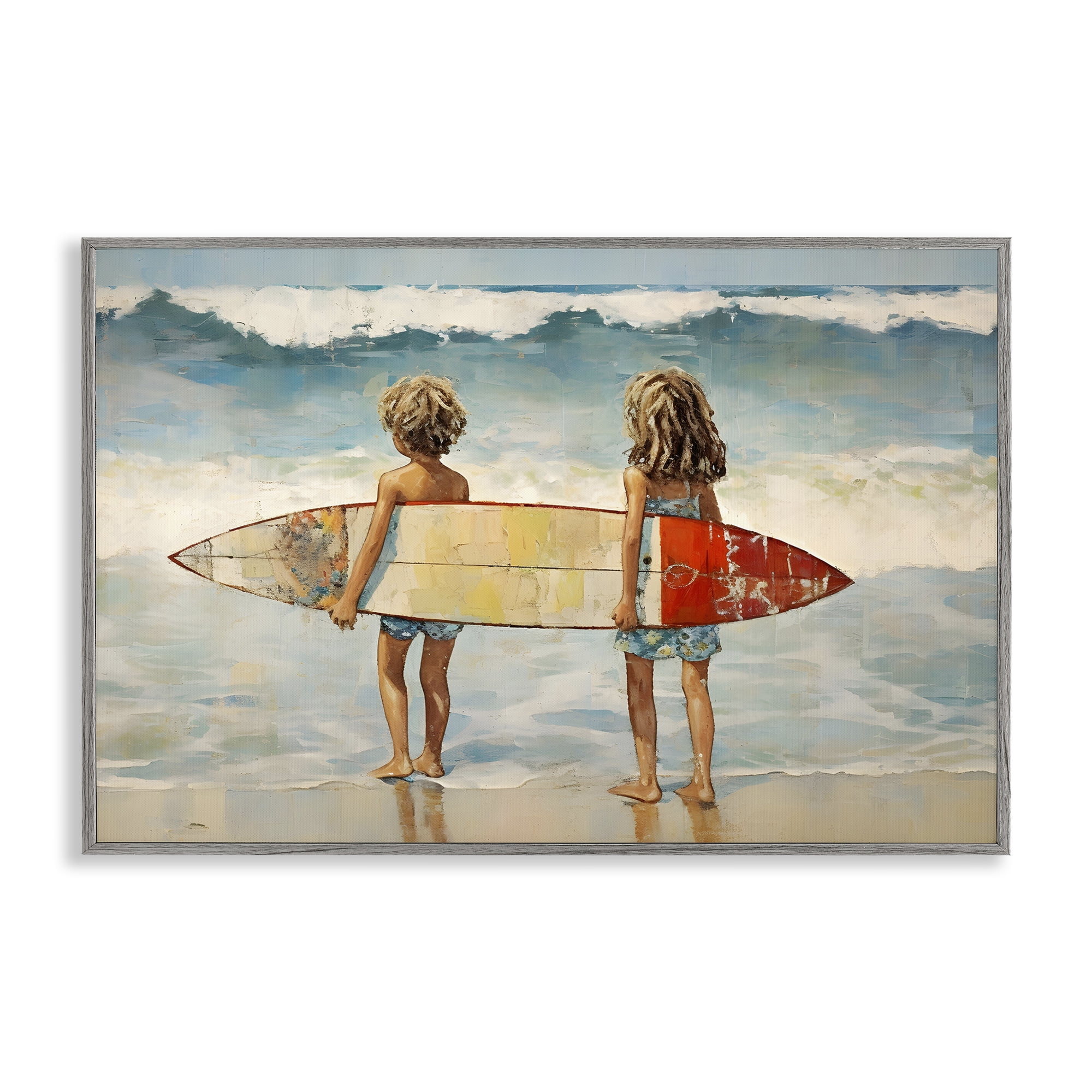 Stupell Industries Kids with Surf Waves People Painting Gray Framed Art ...