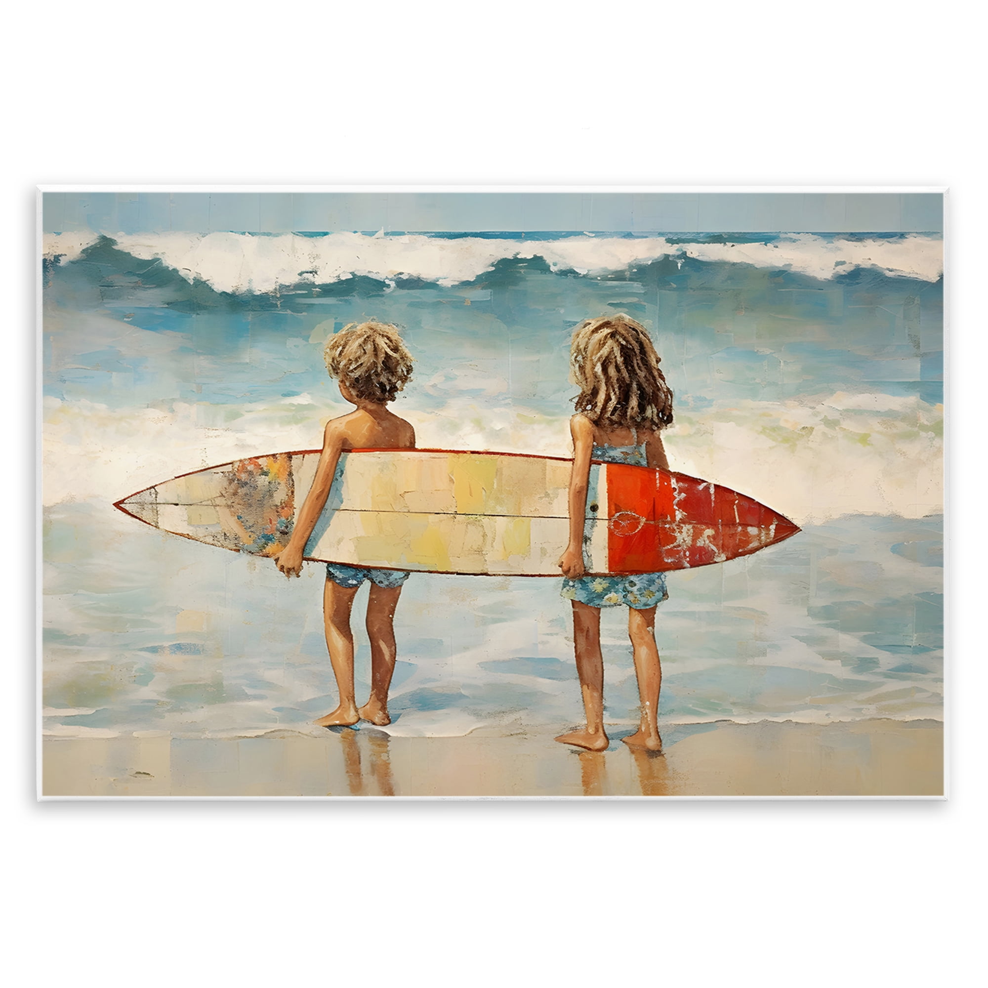 Stupell Industries Kids with Surf Waves People Painting Unframed Art Print Wall Art, 19 x 13