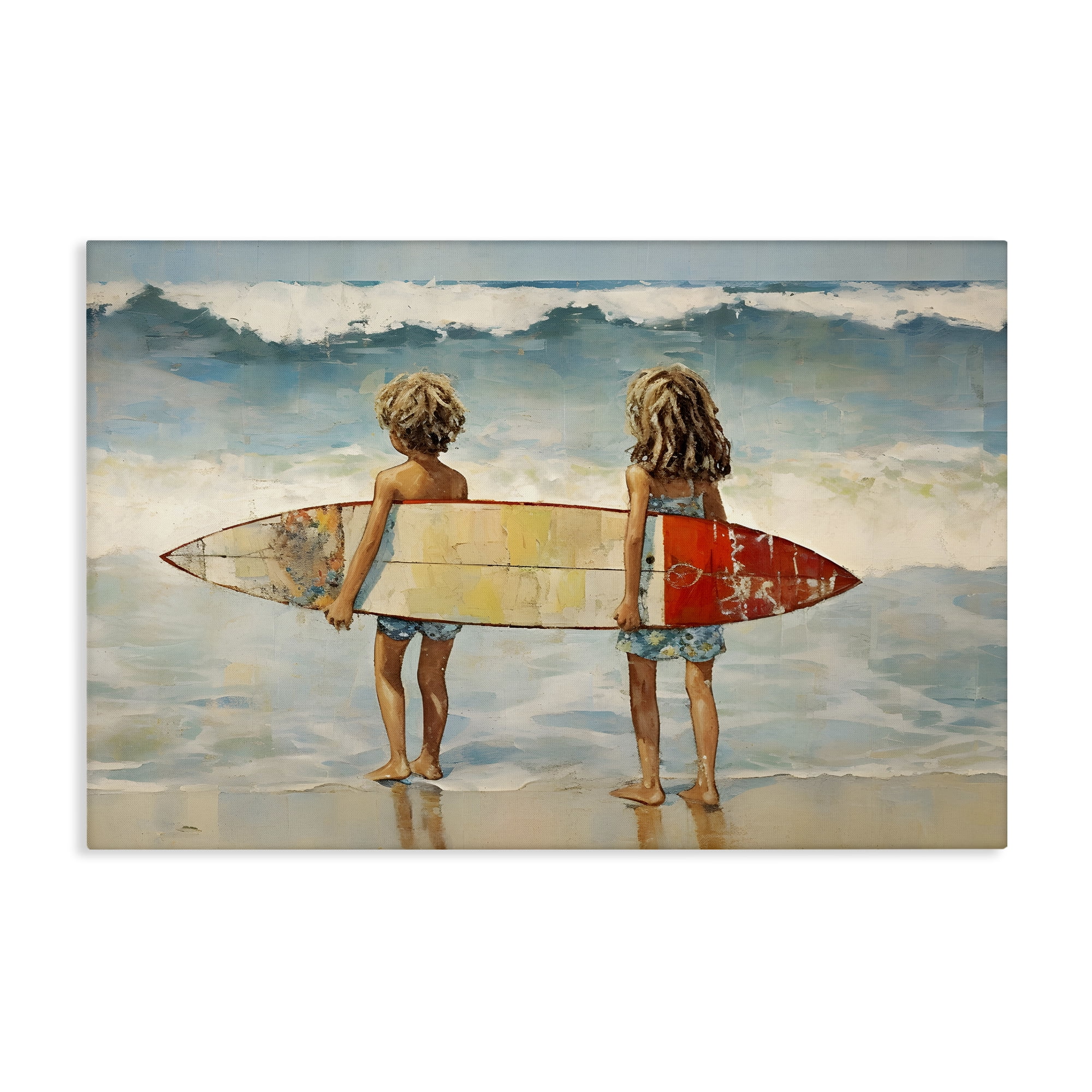 Stupell Industries Kids with Surf Waves People Painting Wrapped Canvas Art Print Wall Art, 36 x 24