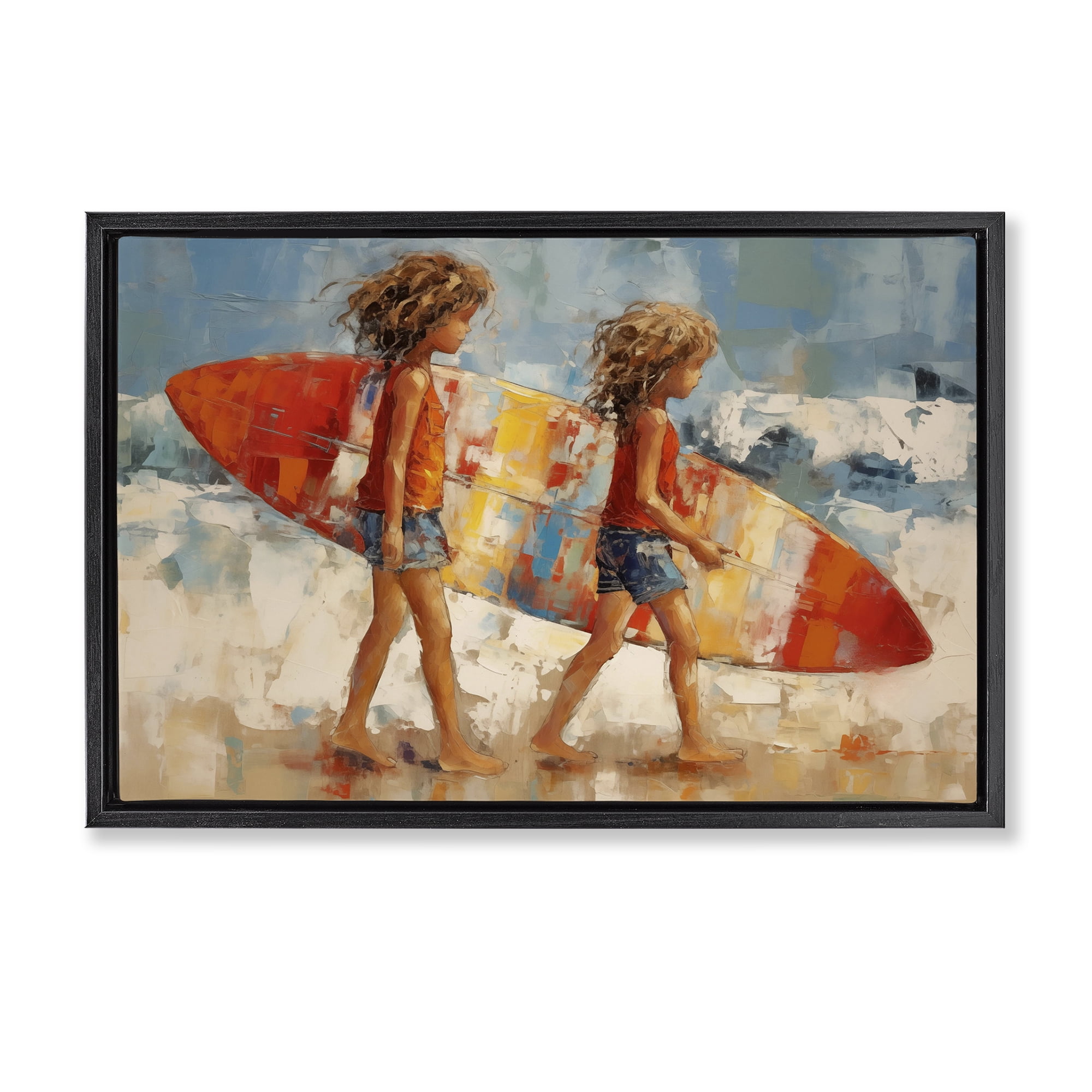 Stupell Industries Kids with Surfboard Sports Painting Black Floater Framed Canvas Art Print Wall Art, 25 x 17