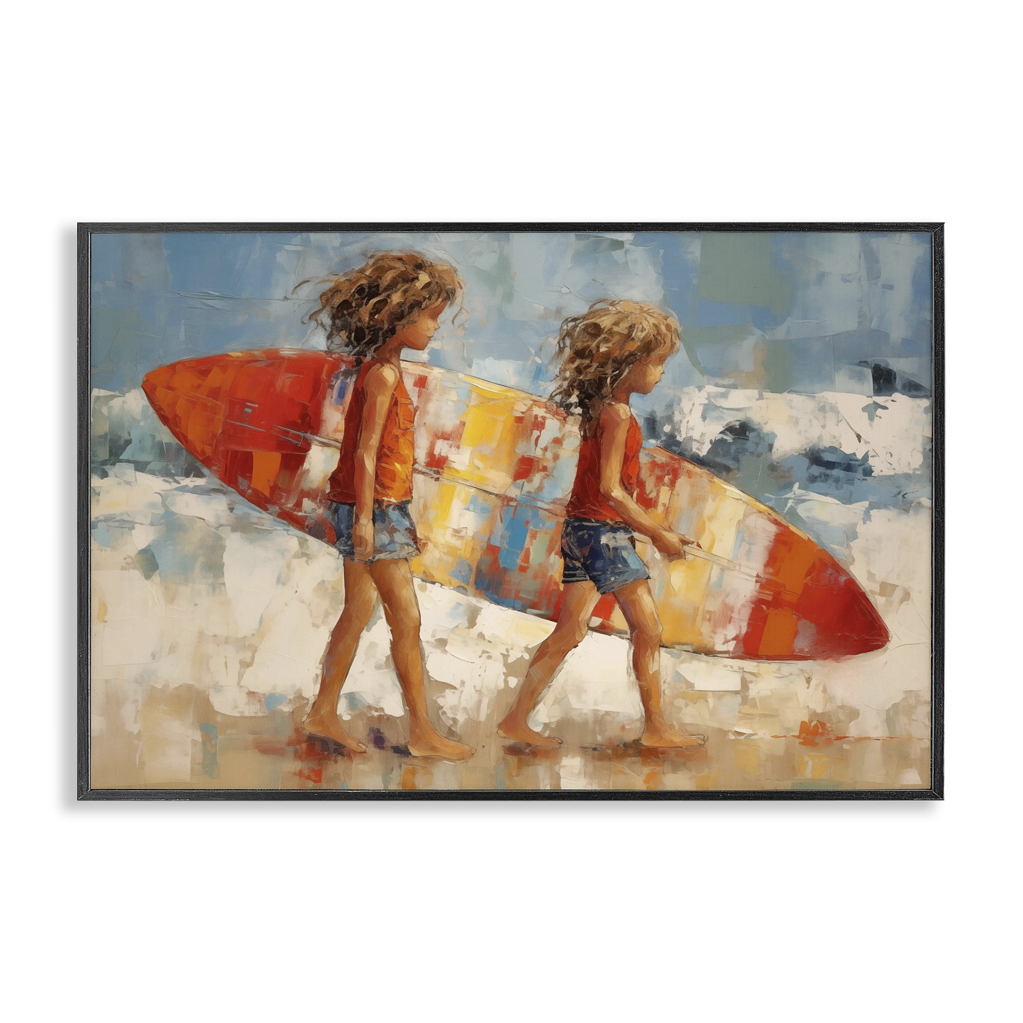 Stupell Industries Kids with Surfboard Sports Painting Black Framed Art Print Wall Art, 24 x 16
