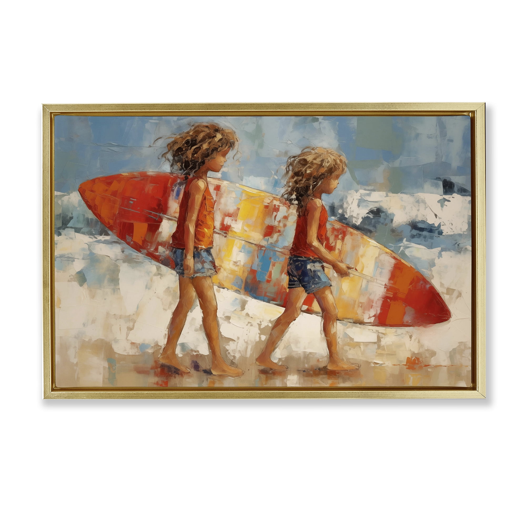 Stupell Industries Kids with Surfboard Sports Painting Gold Floater Framed Canvas Art Print Wall Art, 25 x 17