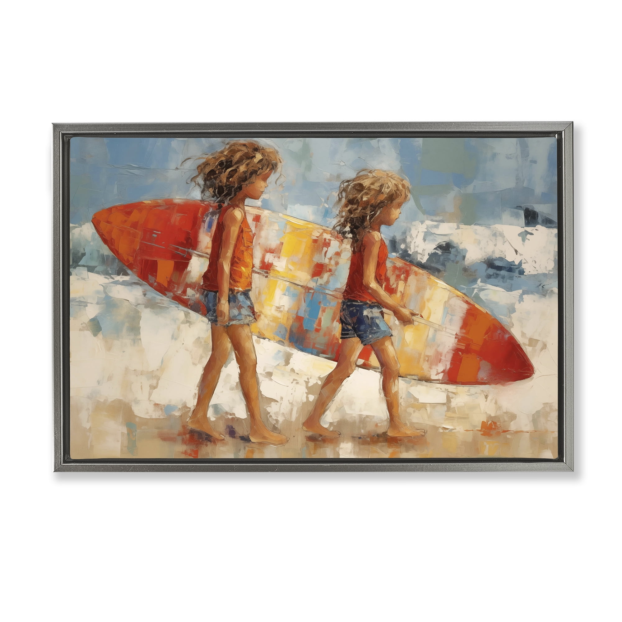 Stupell Industries Kids with Surfboard Sports Painting Gray Floater Framed Canvas Art Print Wall Art, 25 x 17