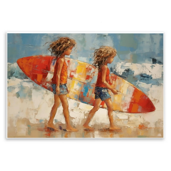 Stupell Industries Kids with Surfboard Sports Painting Unframed Art Print Wall Art, 15 x 10