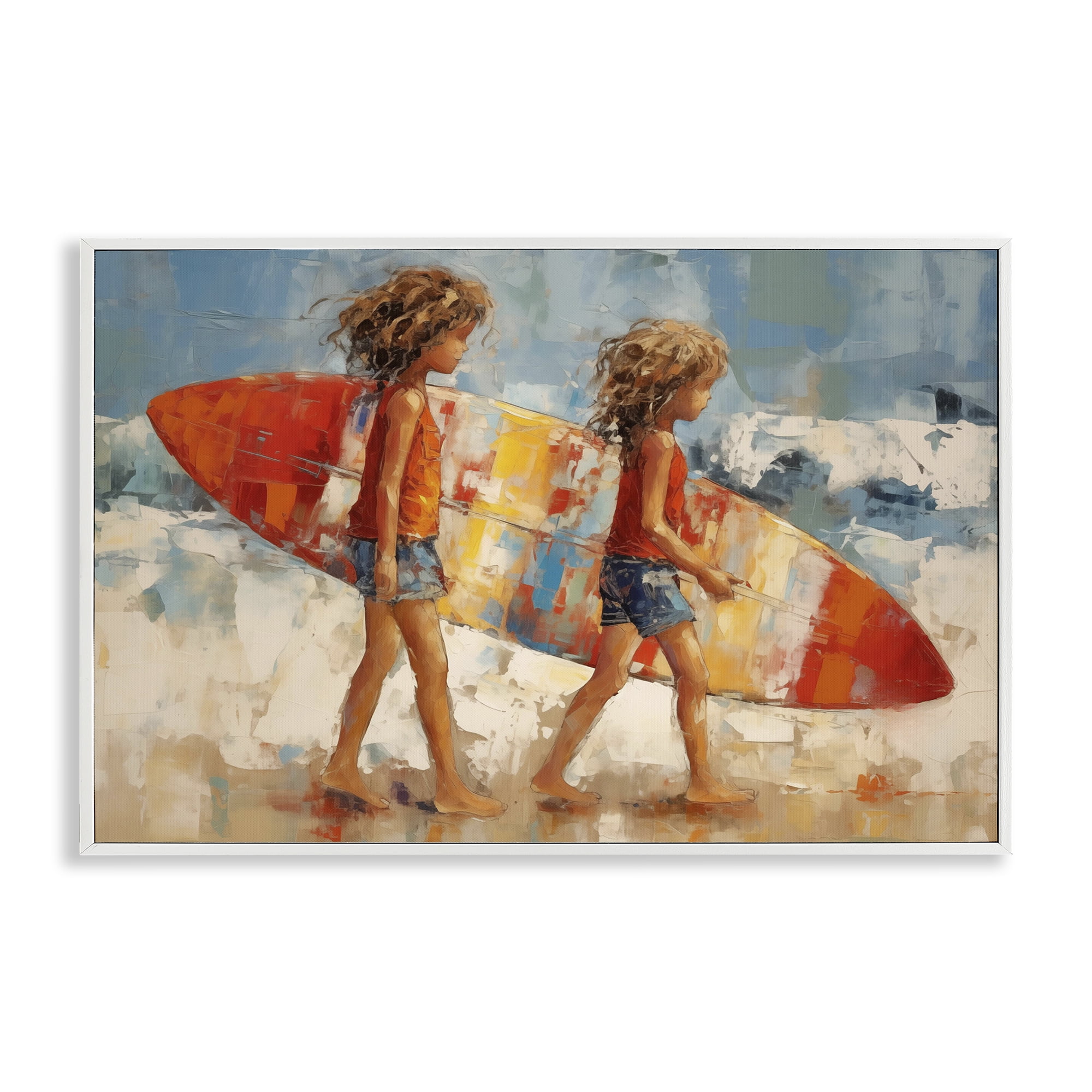 Stupell Industries Kids with Surfboard Sports Painting White Framed Art Print Wall Art, 24 x 16