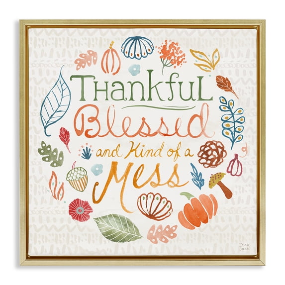 Stupell Industries Kind Of A Mess Autumnal Holiday Painting Gold Floater Framed Canvas Art Prints Wall Art, 18 x 18