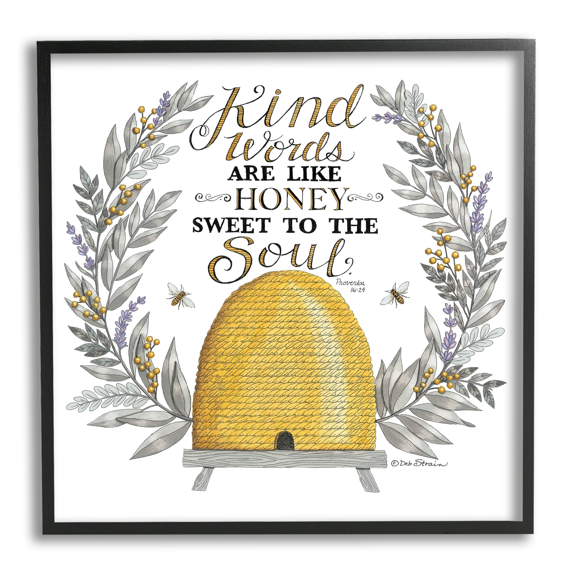 Stupell Industries Kind Words Comforting Bee Hive Phrase Botanical Laurels Graphic Art Black Framed Art Print Wall Art, Design by Deb Strain