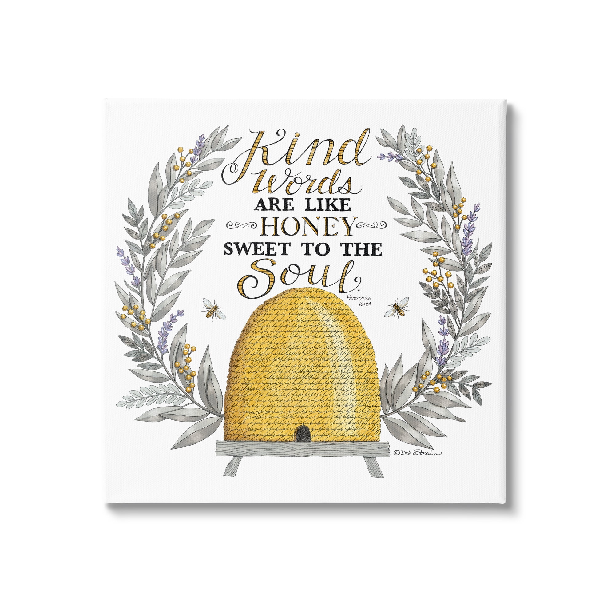 Stupell Industries Kind Words Comforting Bee Hive Phrase Botanical Laurels Graphic Art Gallery Wrapped Canvas Print Wall Art, Design by Deb Strain