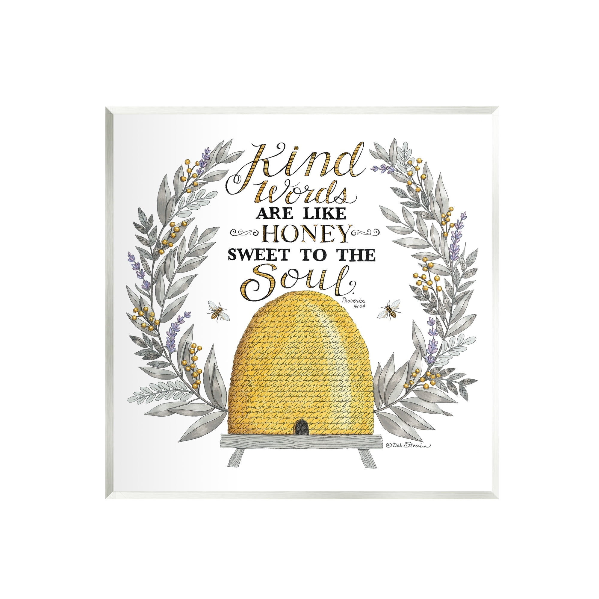 Stupell Industries Kind Words Comforting Bee Hive Phrase Botanical Laurels Graphic Art Unframed Art Print Wall Art, Design by Deb Strain