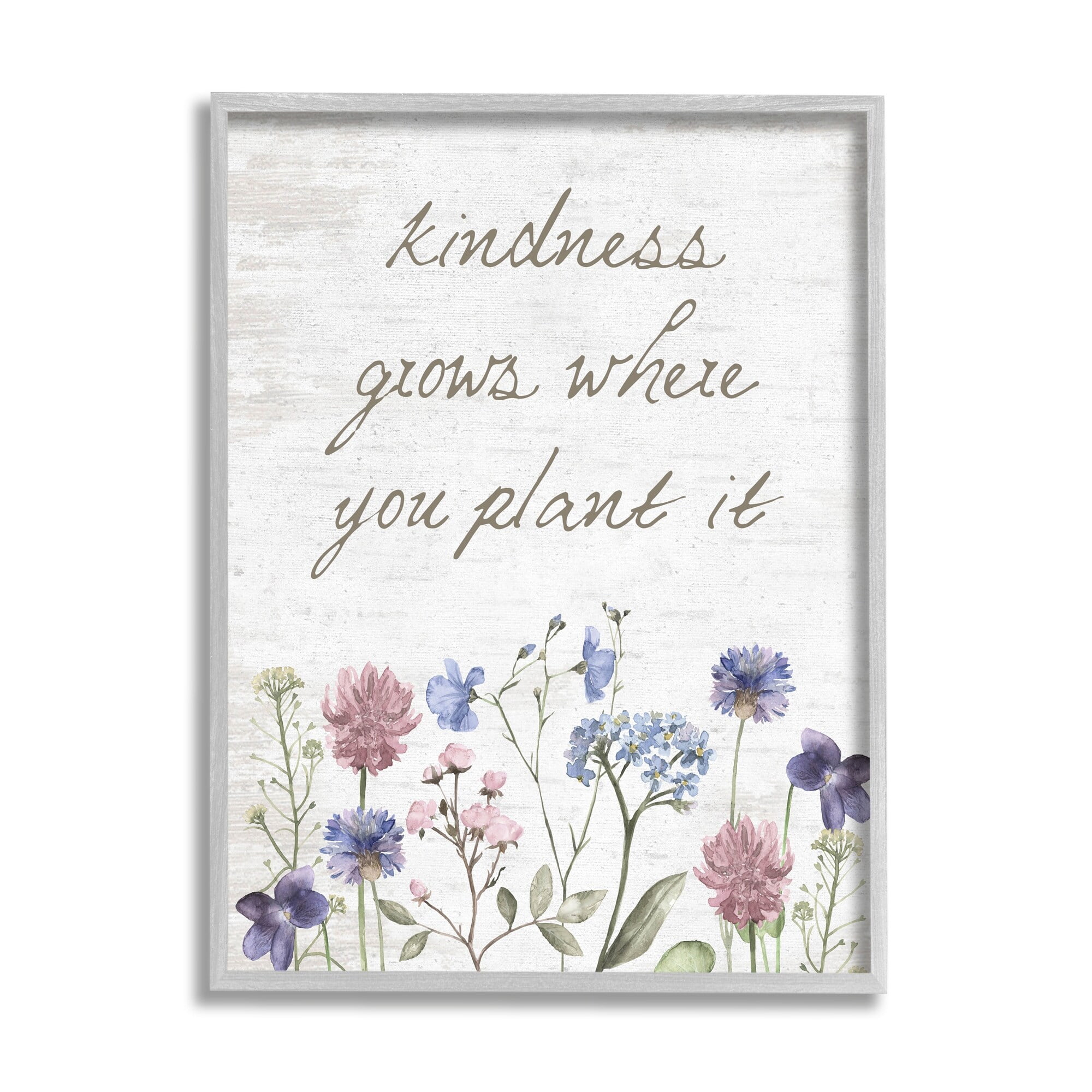 Stupell Industries Kindness Grows Blooming Florals Rustic Grain Pattern Graphic Art Gray Framed Art Print Wall Art, Design by Lettered and Lined