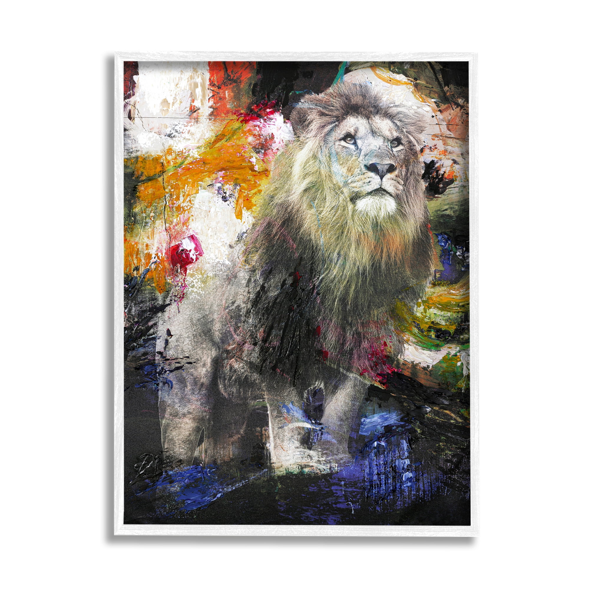 Stupell Industries King Lion Safari Animal Prowl Abstract Paint Movement Modern Painting White framed Art Print Wall Art, 16 x 20, Design by Design Fabrikken