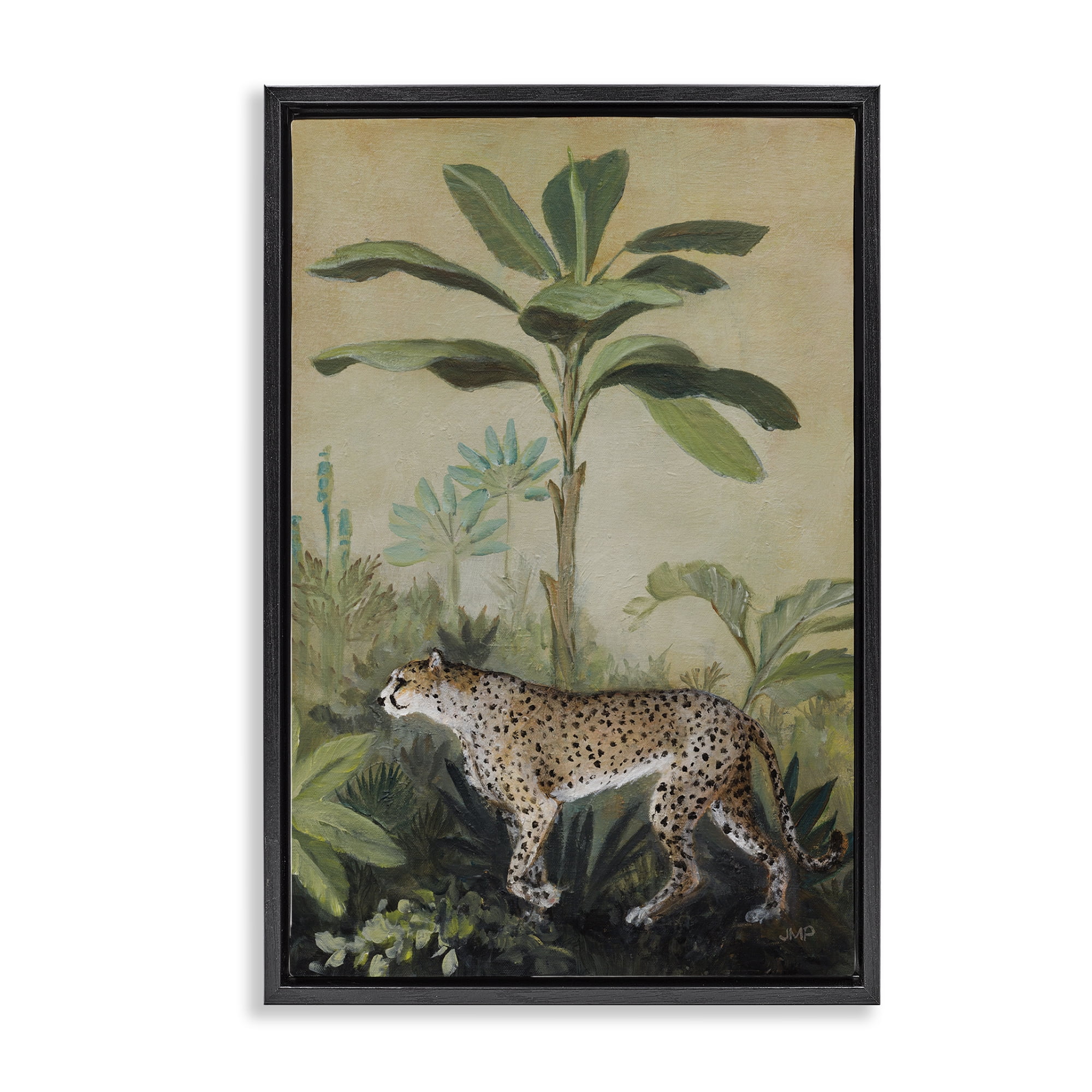 Stupell Industries King Of Jungle Leopard Landscape Painting Black Floater Framed Canvas Art Print Wall Art, 17 x 25