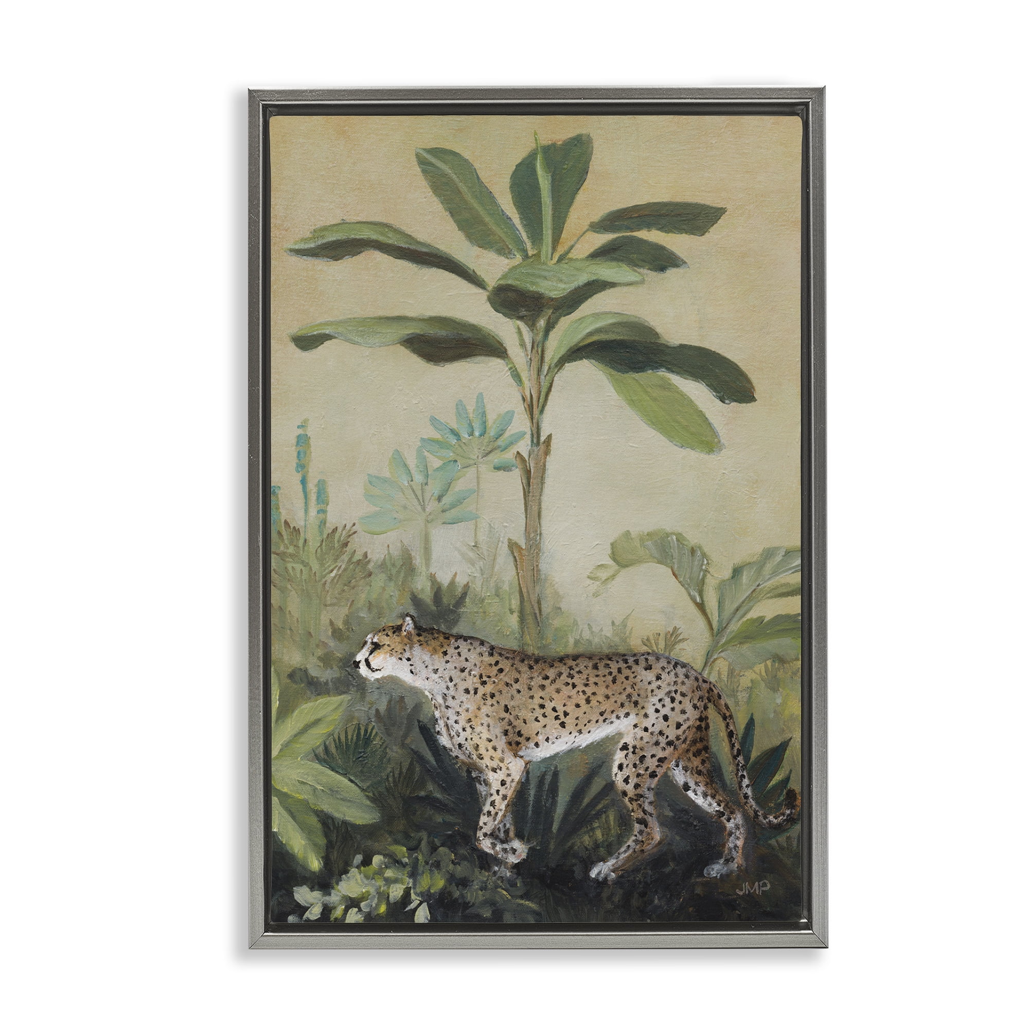 Stupell Industries King Of Jungle Leopard Landscape Painting Gray Floater Framed Canvas Art Print Wall Art, 21 x 31