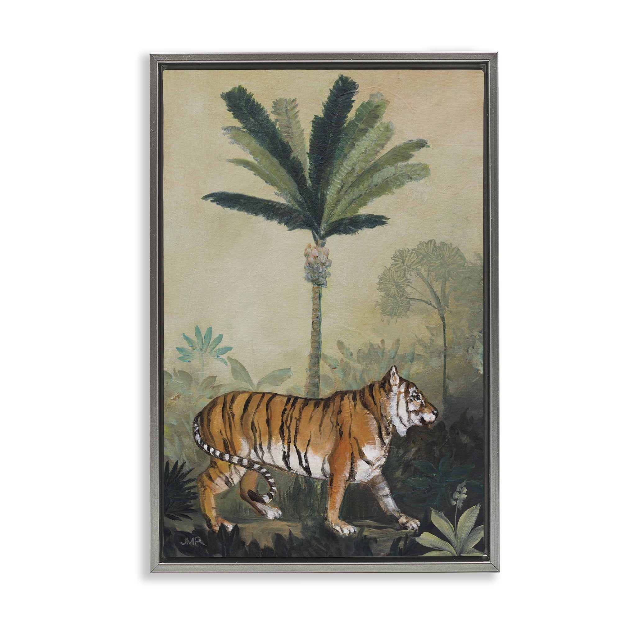 Stupell Industries King Of Jungle Tiger Landscape Painting Gray Floater Framed Canvas Art Print Wall Art, 17 x 25