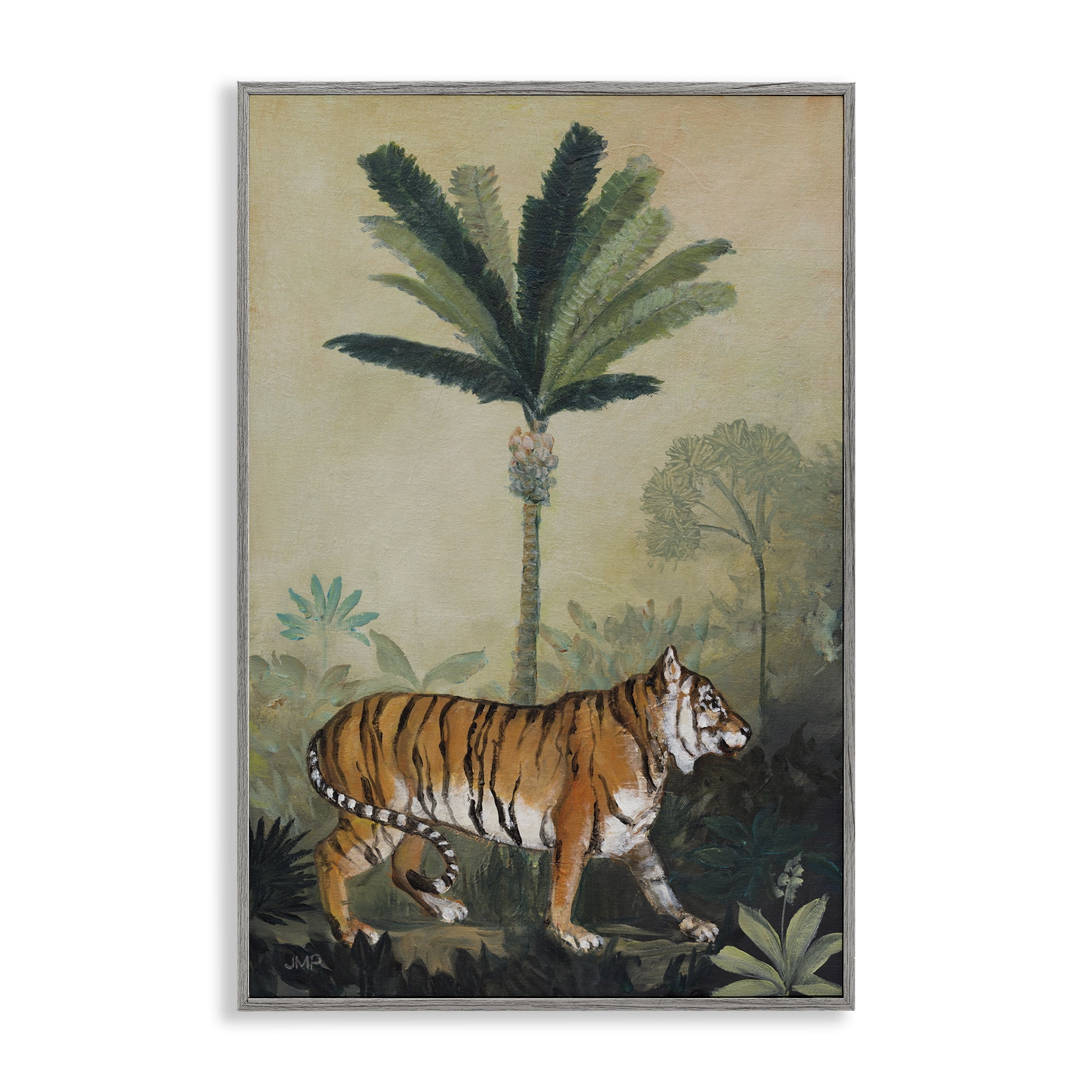 Stupell Industries King Of Jungle Tiger Landscape Painting Gray Framed Art Print Wall Art, 12 x 18