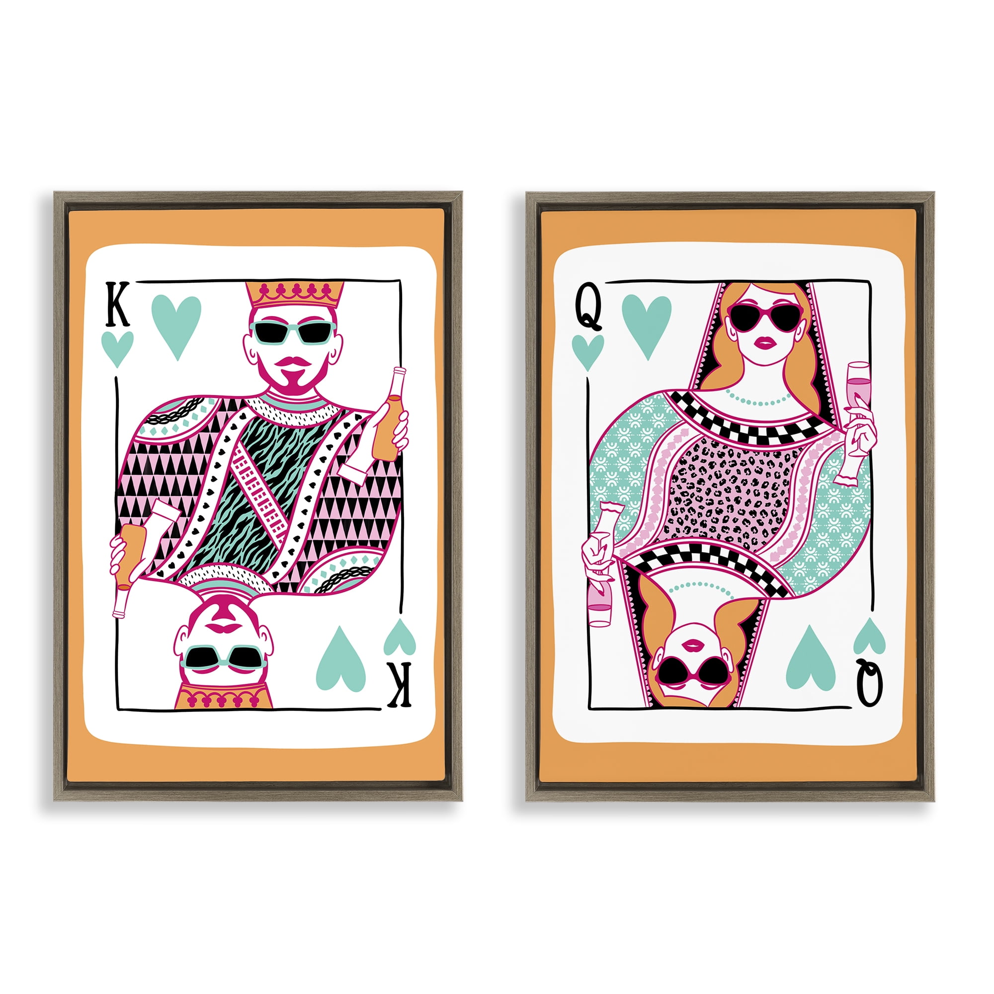 Stupell Industries King & Queen of Hearts Entertainment Painting Brown Floater Framed Canvas Art Print Wall Art, 21 x 31, Set of 2