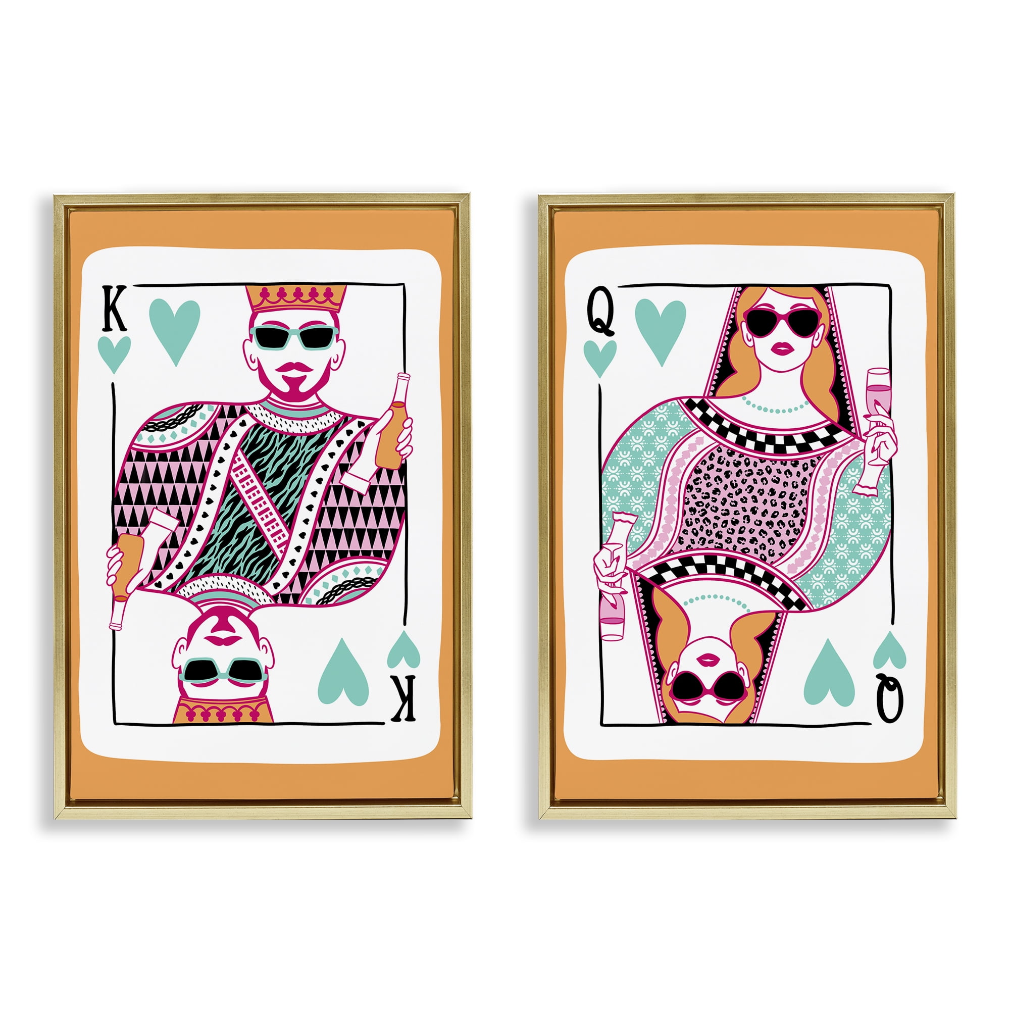 Stupell Industries King & Queen of Hearts Entertainment Painting Gold Floater Framed Canvas Art Print Wall Art, 21 x 31, Set of 2
