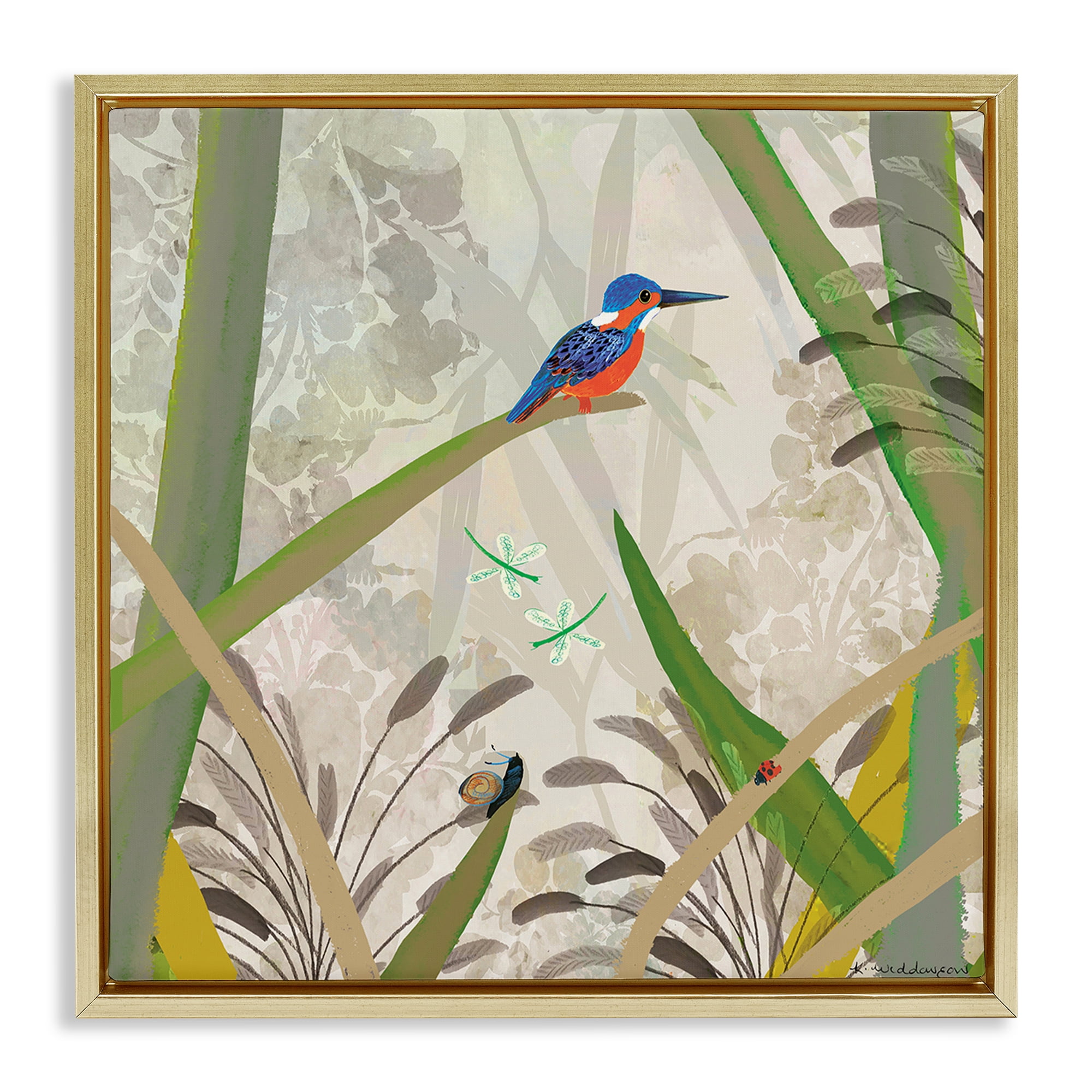 Stupell Industries Kingfisher Among Branches Gold Framed Floater Canvas Wall Art, design by Kay Widdowson