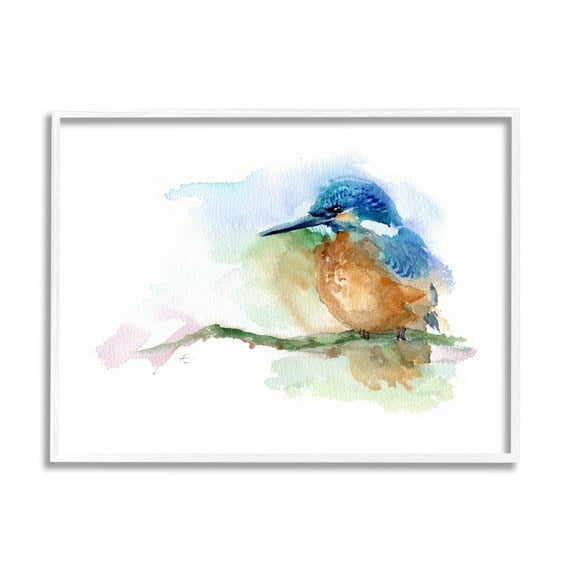Stupell Industries Kingfisher Perched Bird on Cottage Tree Branch Animals & Insects Painting White Framed Art Print Wall Art, 24 x 30