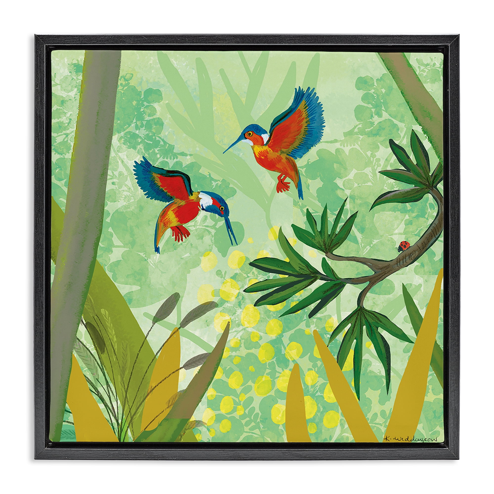 Stupell Industries Kingfishers in Jungle Branches Black Framed Floater Canvas Wall Art, design by Kay Widdowson