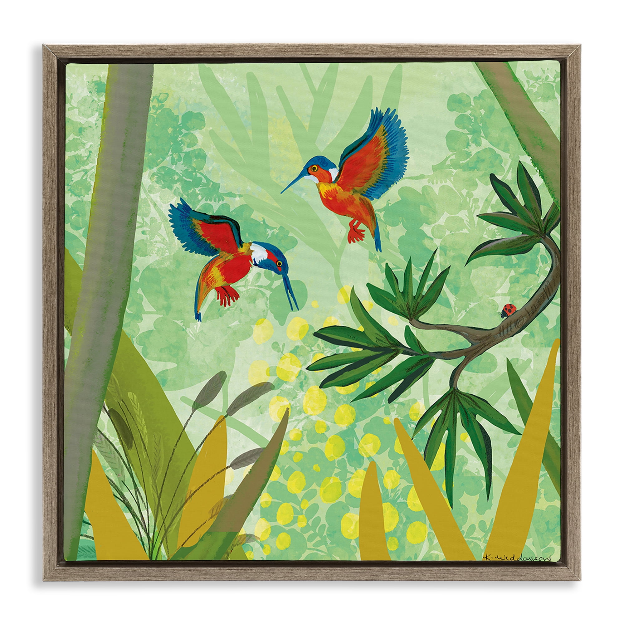Stupell Industries Kingfishers in Jungle Branches Brown Framed Floater Canvas Wall Art, design by Kay Widdowson
