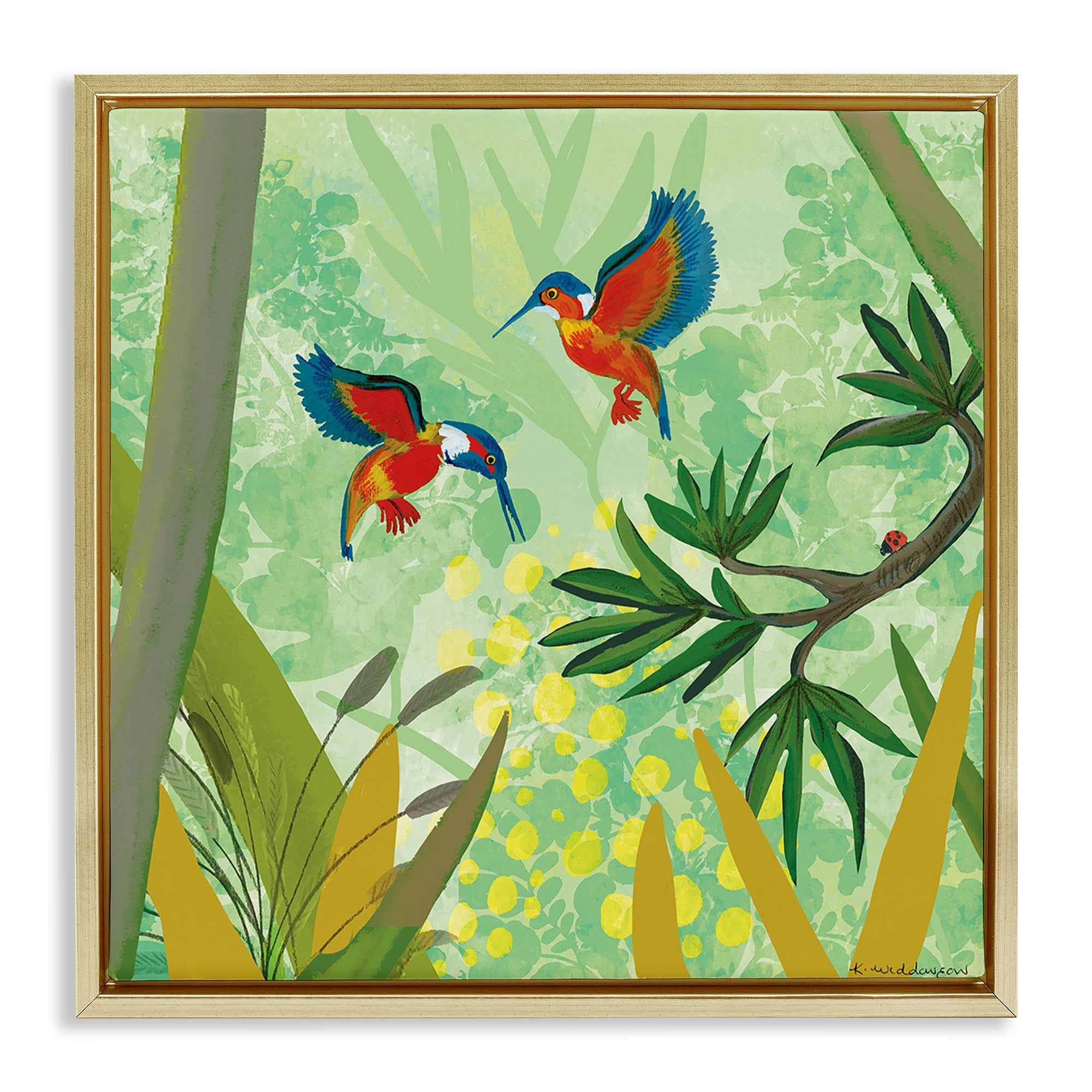 Stupell Industries Kingfishers in Jungle Branches Gold Framed Floater Canvas Wall Art, design by Kay Widdowson