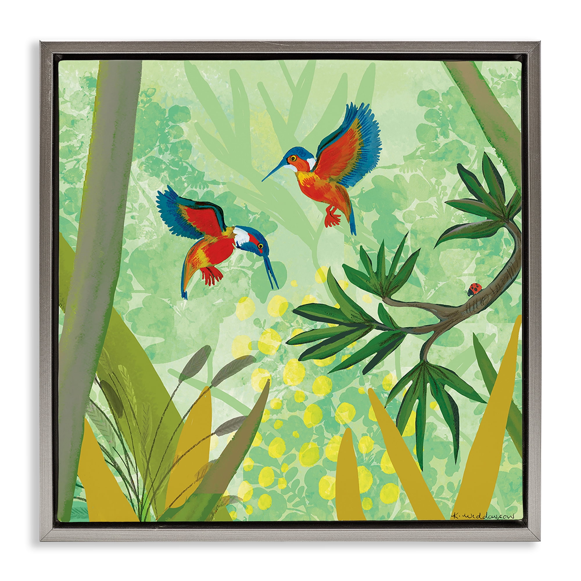Stupell Industries Kingfishers in Jungle Branches Gray Framed Floater Canvas Wall Art, design by Kay Widdowson