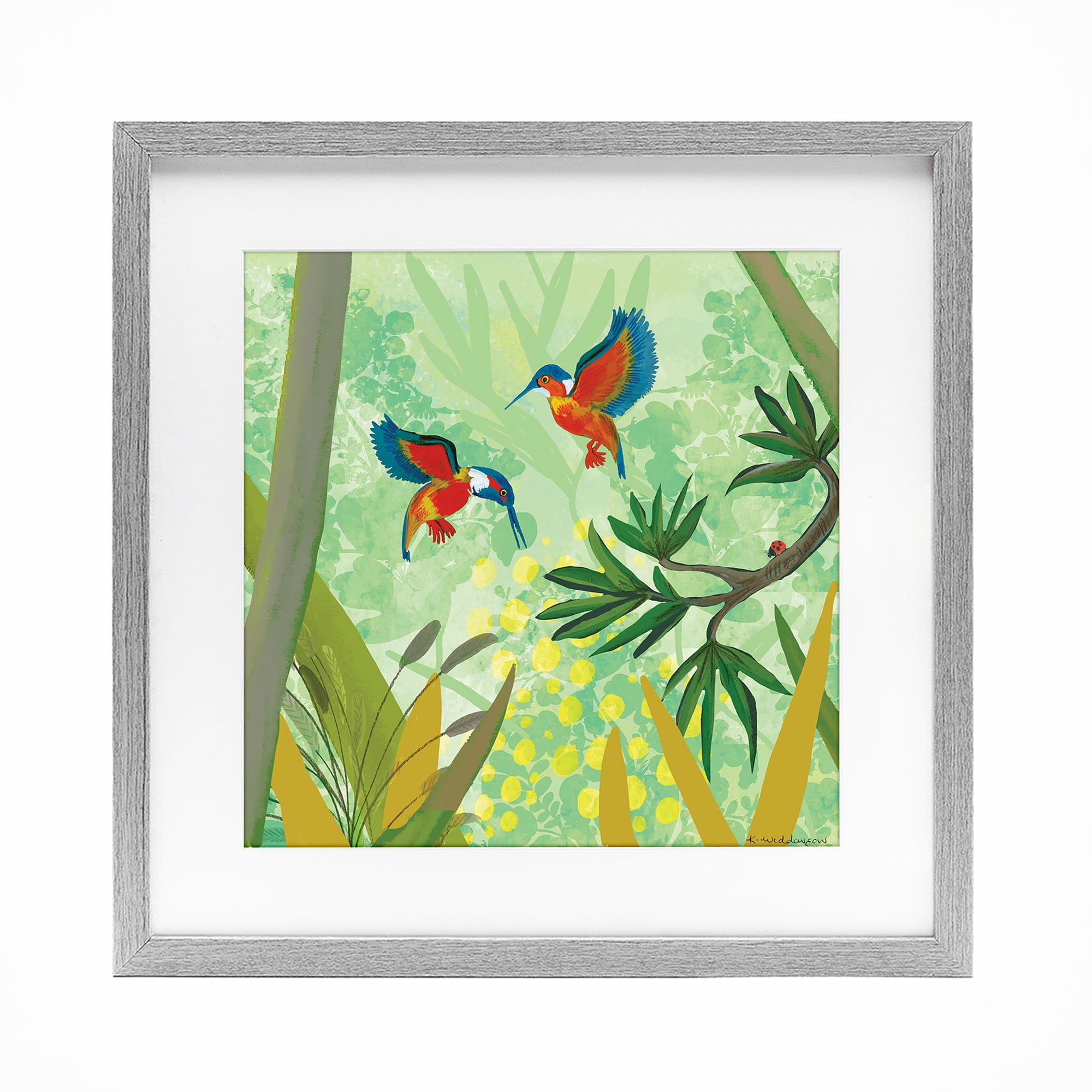 Stupell Industries Kingfishers in Jungle Branches Gray Framed Print Under Glass, design by Kay Widdowson
