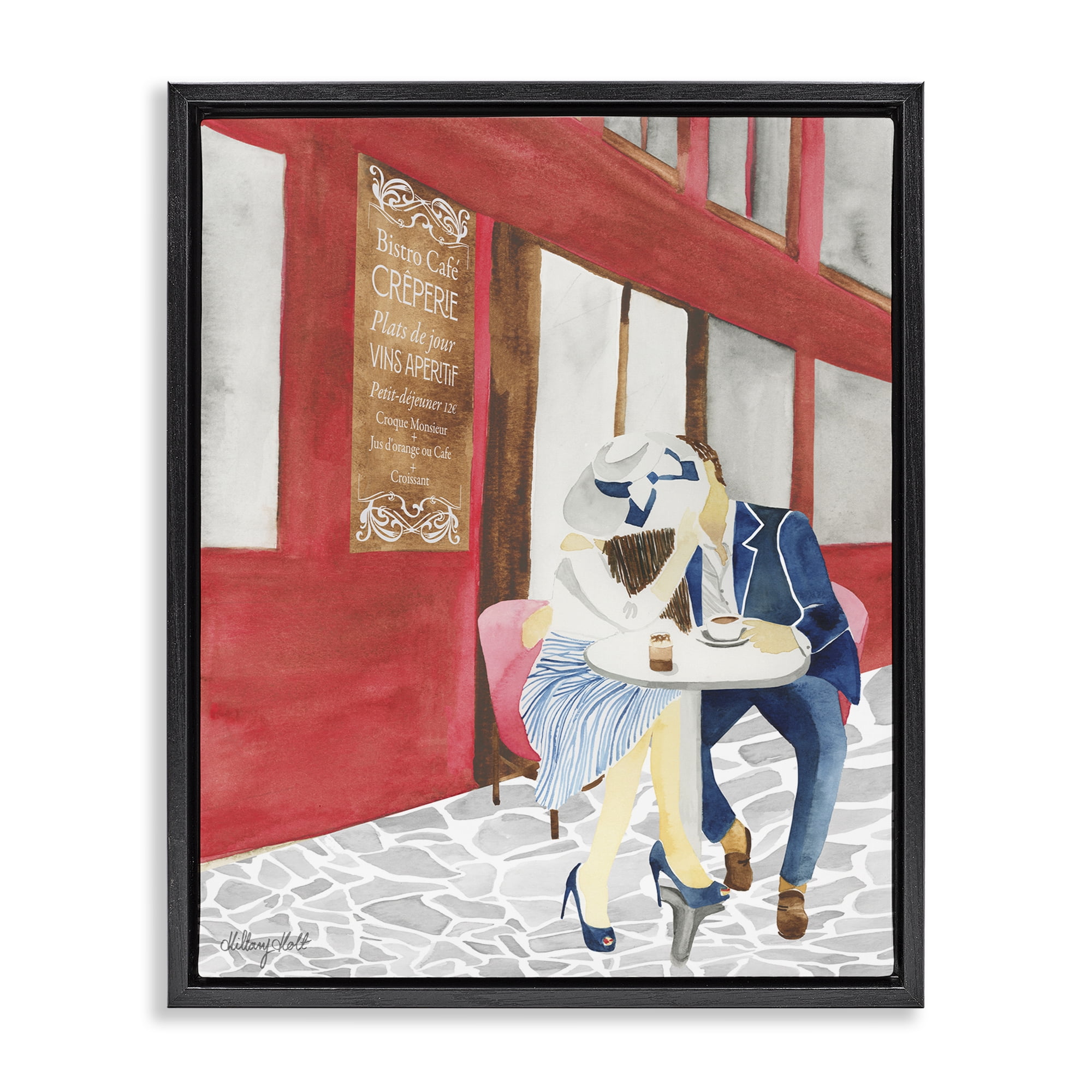 Stupell Industries Kiss At Parisian Cafe Black Framed Floater Canvas Wall Art, design by Hillary Holt