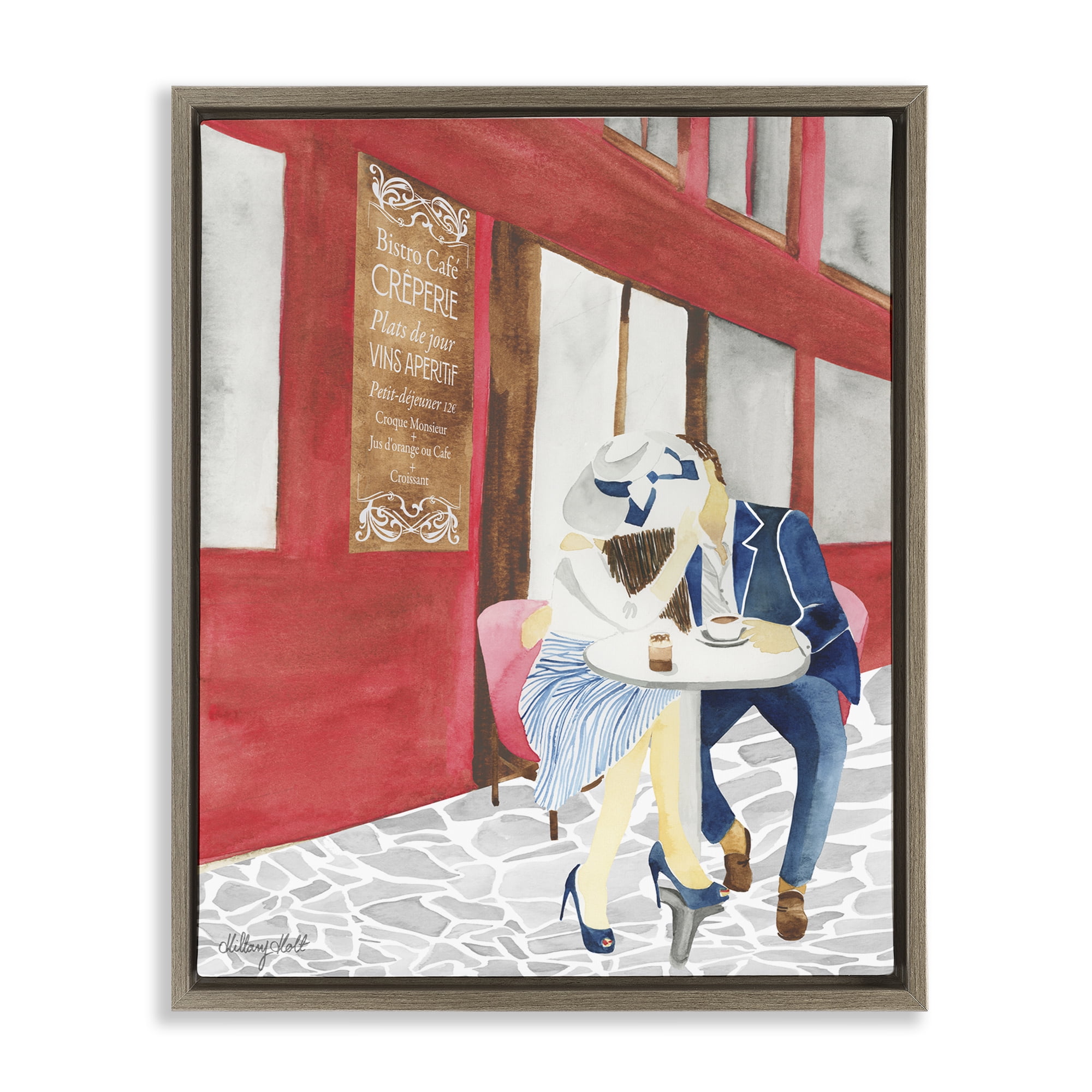Stupell Industries Kiss At Parisian Cafe Brown Framed Floater Canvas Wall Art, design by Hillary Holt