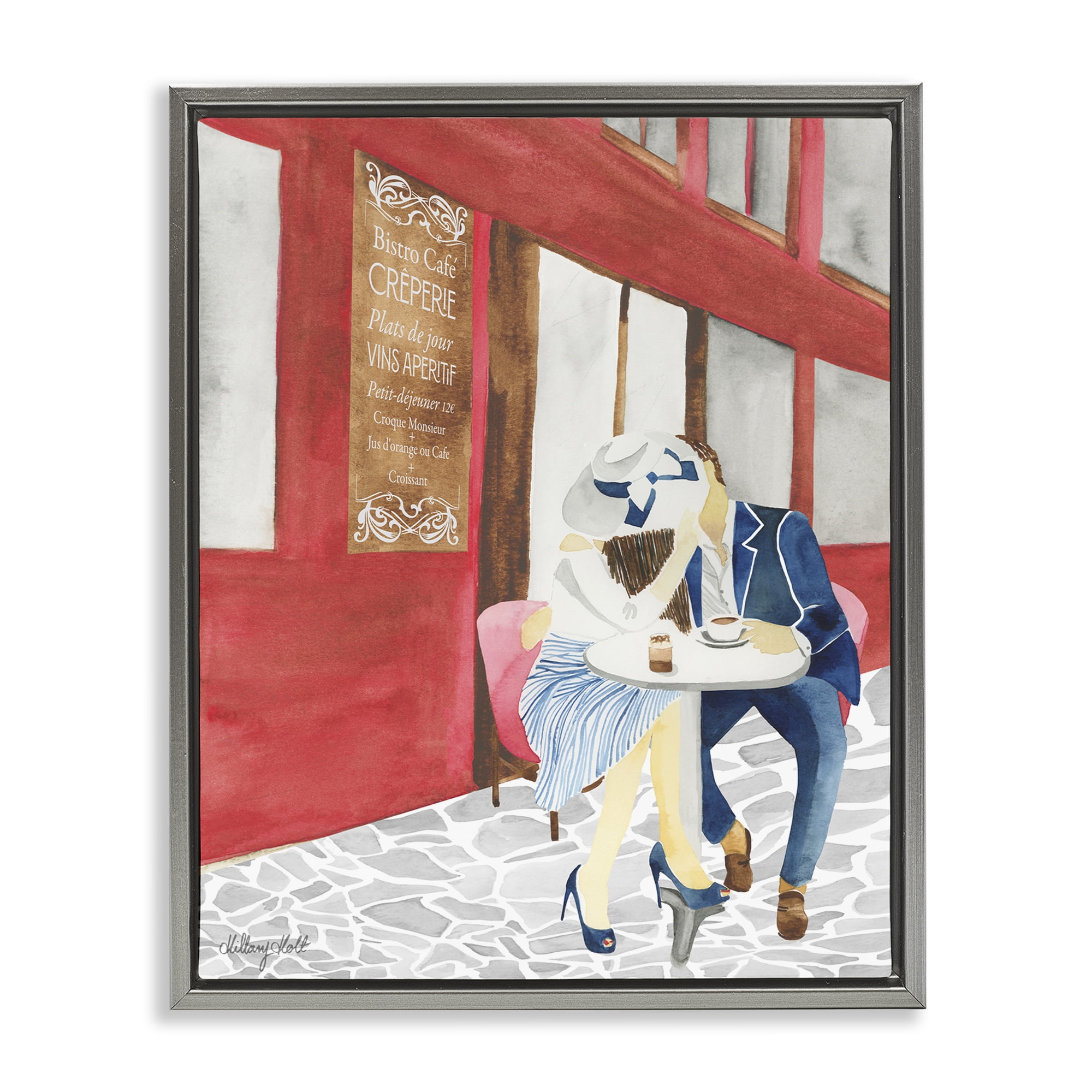 Stupell Industries Kiss At Parisian Cafe Gray Framed Floater Canvas Wall Art, design by Hillary Holt