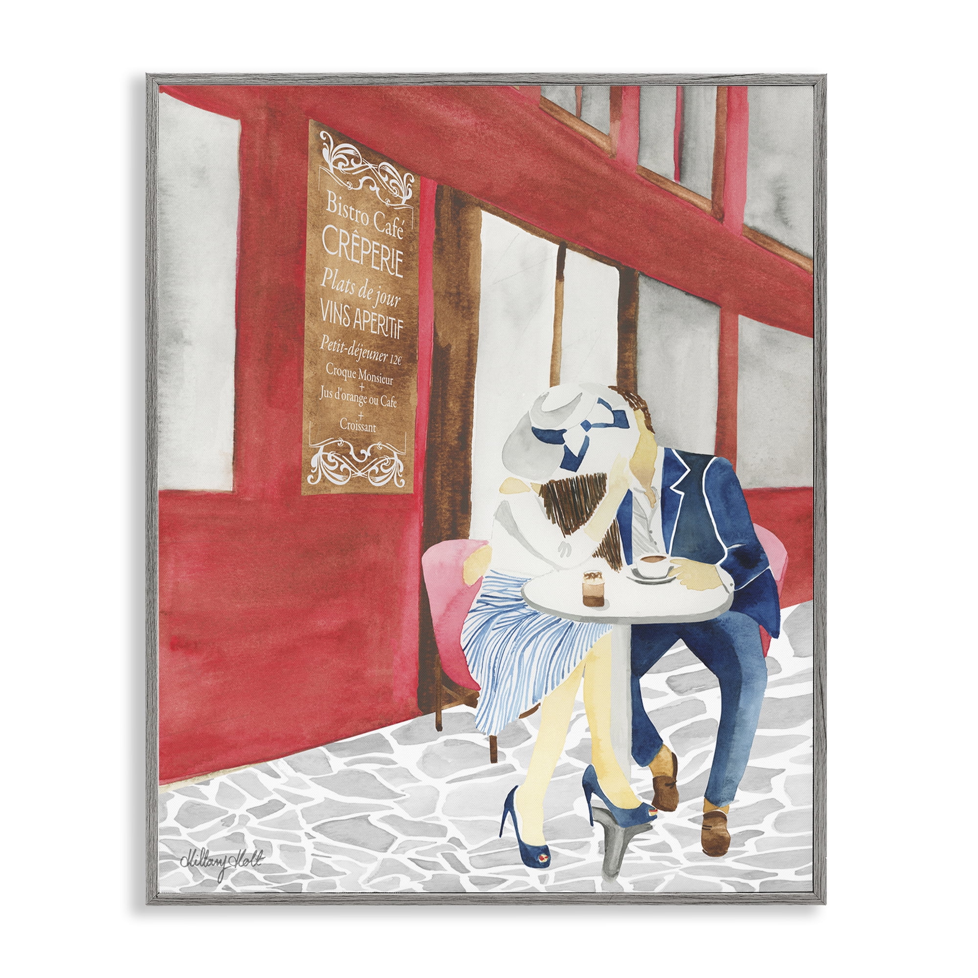 Stupell Industries Kiss At Parisian Cafe Gray Framed Giclee Art, design by Hillary Holt