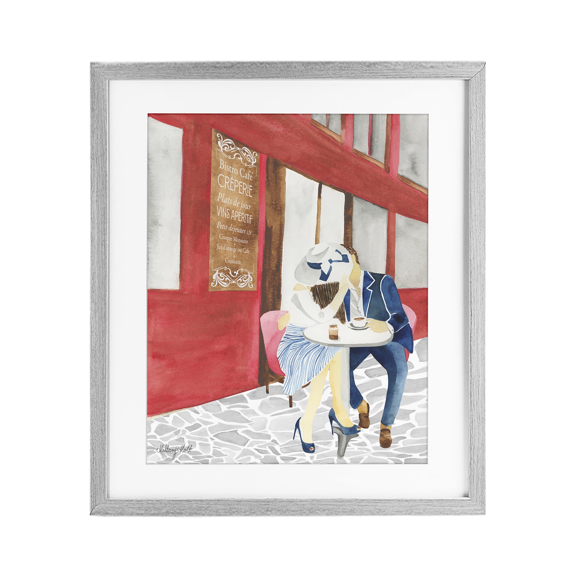 Stupell Industries Kiss At Parisian Cafe Gray Framed Print Under Glass, design by Hillary Holt