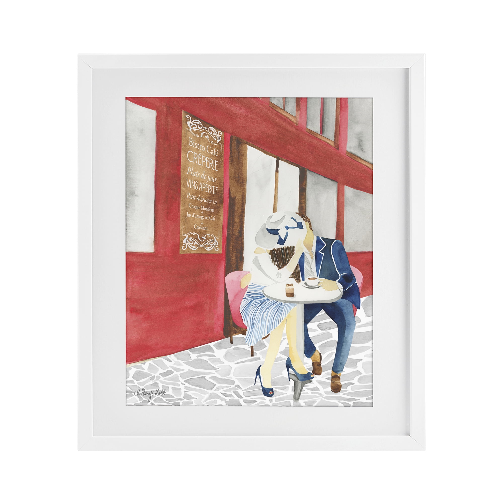 Stupell Industries Kiss At Parisian Cafe White Framed Print Under Glass, design by Hillary Holt