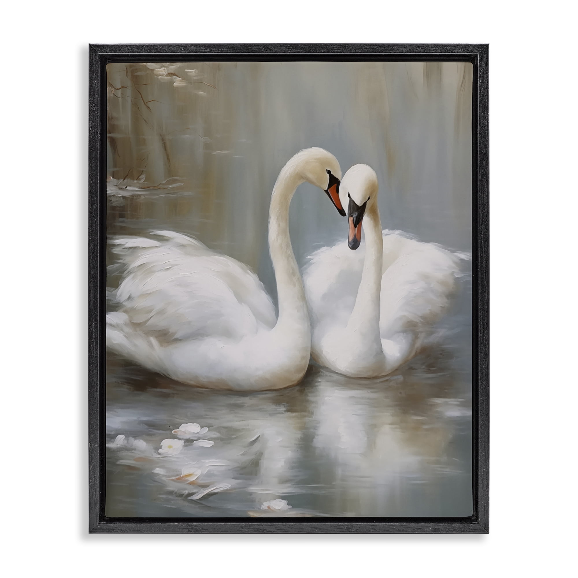 Stupell Industries Kissing Swans on Pond Animals Painting Black Floater Framed Canvas Art Print Wall Art, 25 x 31