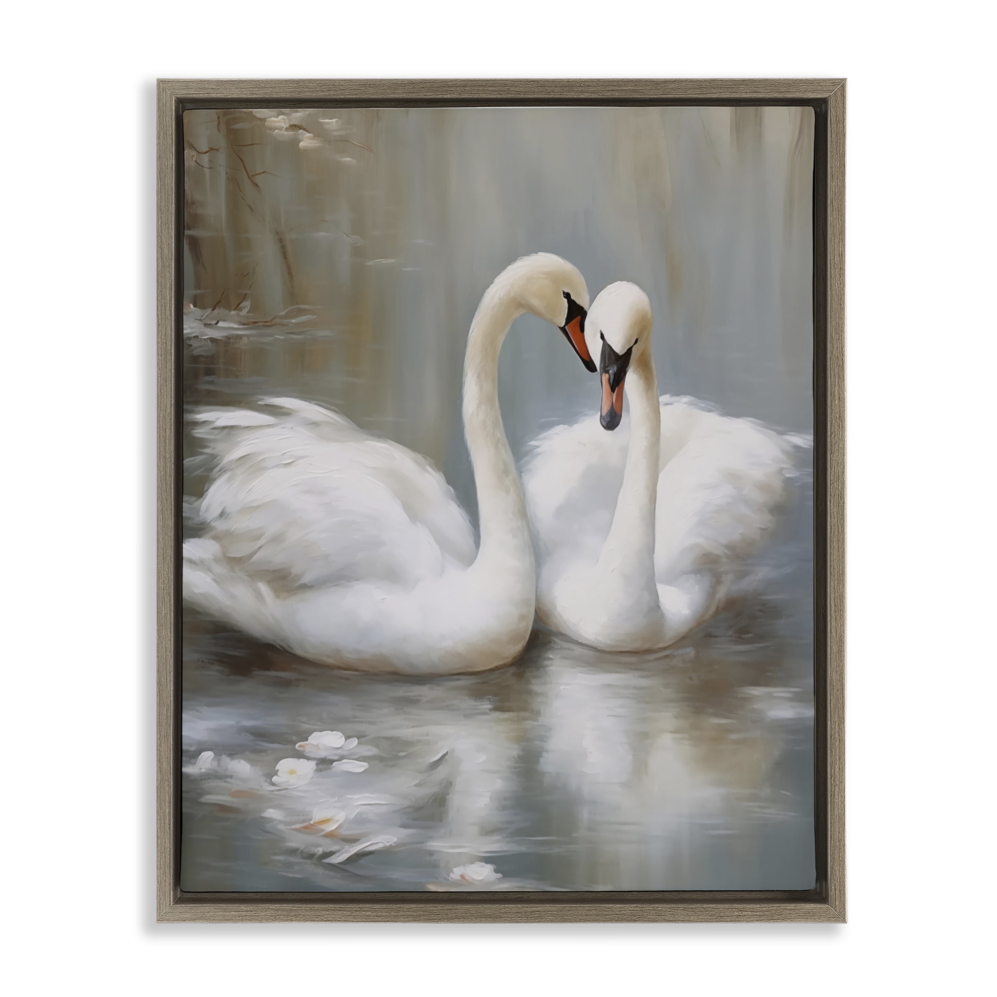 Stupell Industries Kissing Swans on Pond Animals Painting Brown Floater Framed Canvas Art Print Wall Art, 25 x 31