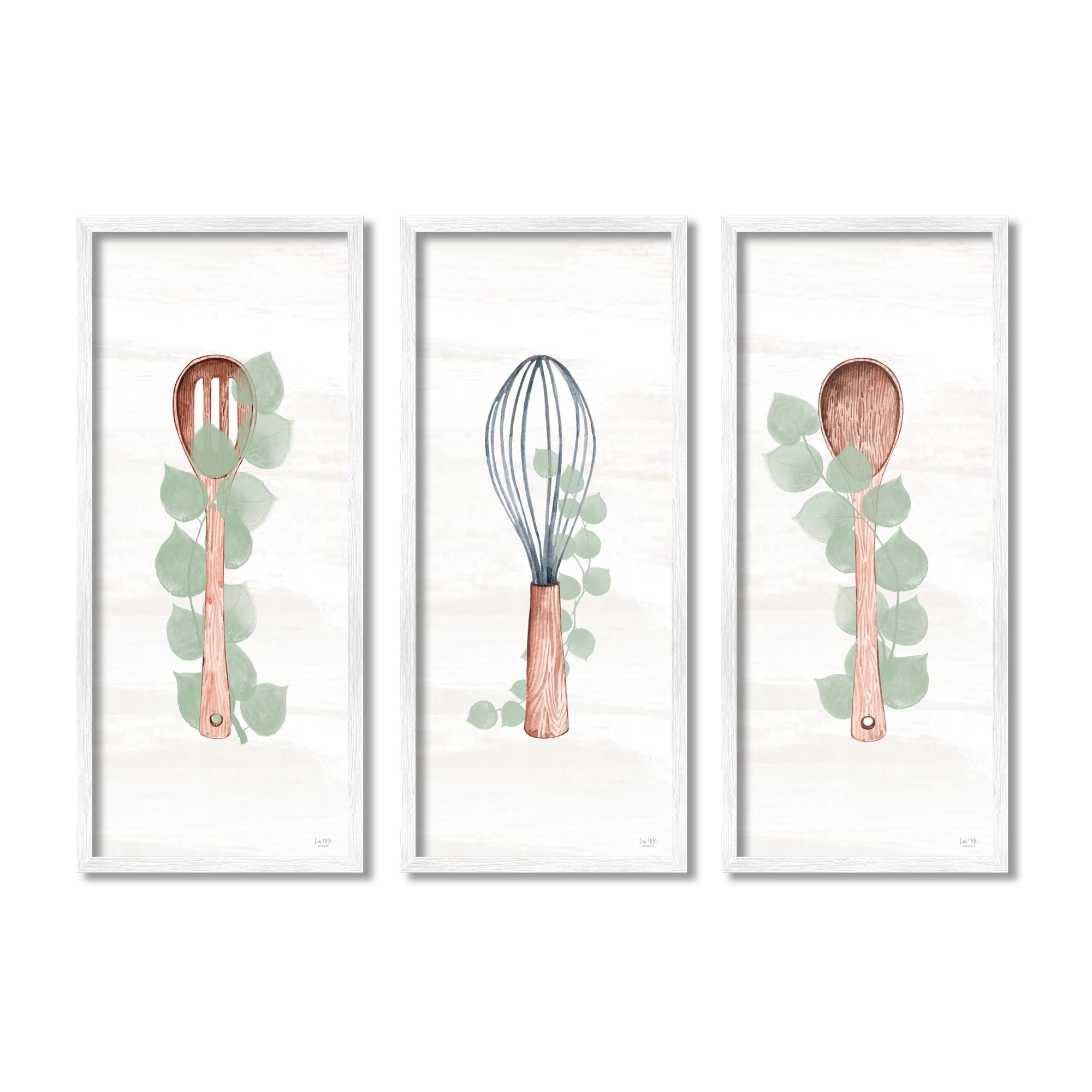 Kitchen Cooking Utensils Whisk Spoon Botanical Eucalyptus Food & Beverage Painting Framed Art Print Wall Art, Set Of 3