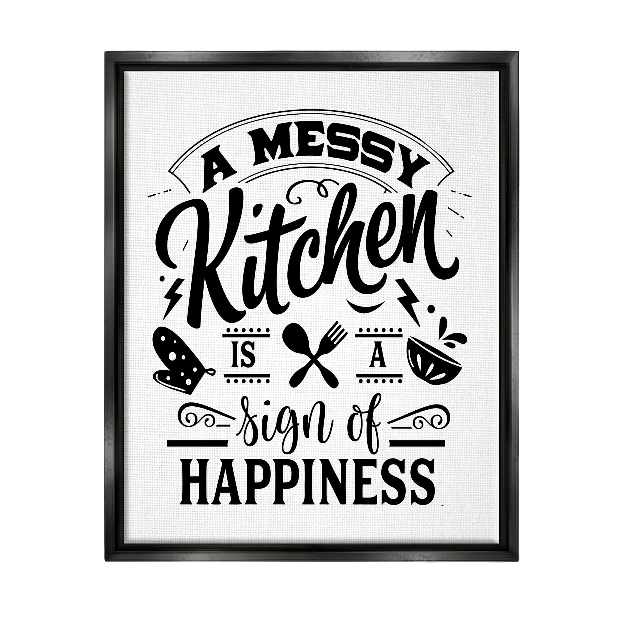 Stupell Industries Kitchen Happiness Retro Style Casual Silverware Motif Graphic Art Jet Black Floating Framed Canvas Print Wall Art, Design by Lettered and Lined