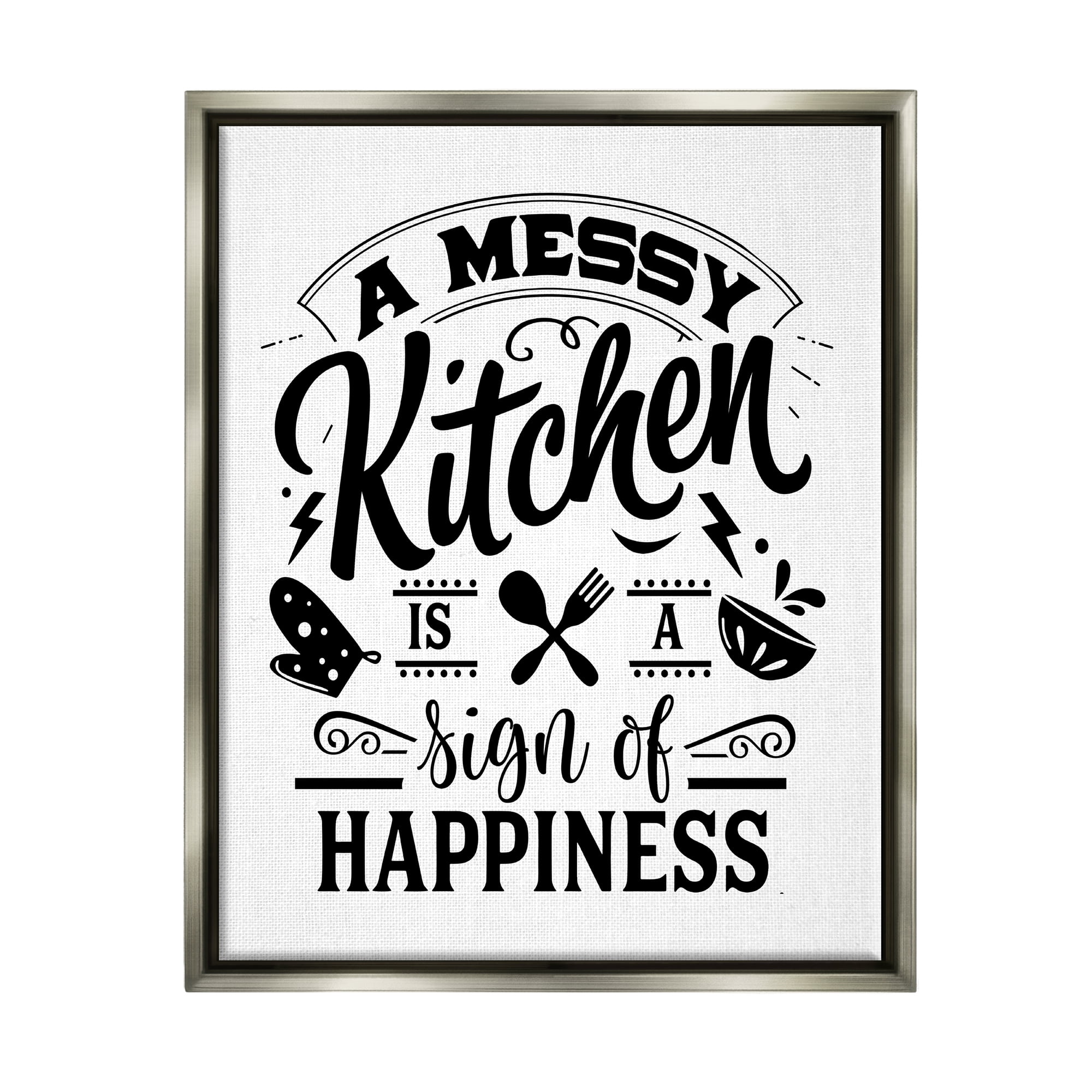 Stupell Industries Kitchen Happiness Retro Style Casual Silverware Motif Graphic Art Luster Gray Floating Framed Canvas Print Wall Art, Design by Lettered and Lined