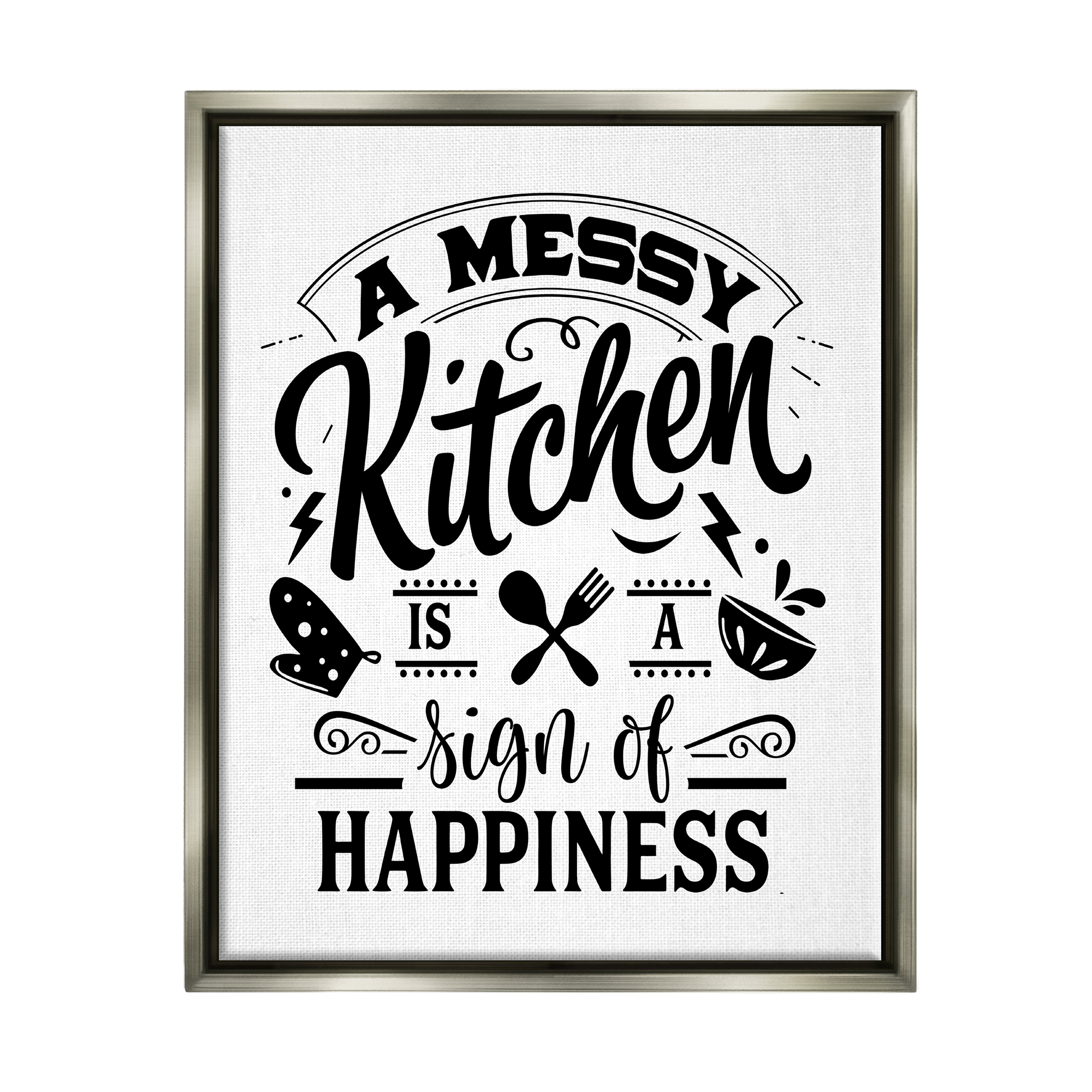 Stupell Industries Kitchen Happiness Retro Style Casual Silverware Motif Graphic Art Luster Gray Floating Framed Canvas Print Wall Art, Design by Lettered and Lined