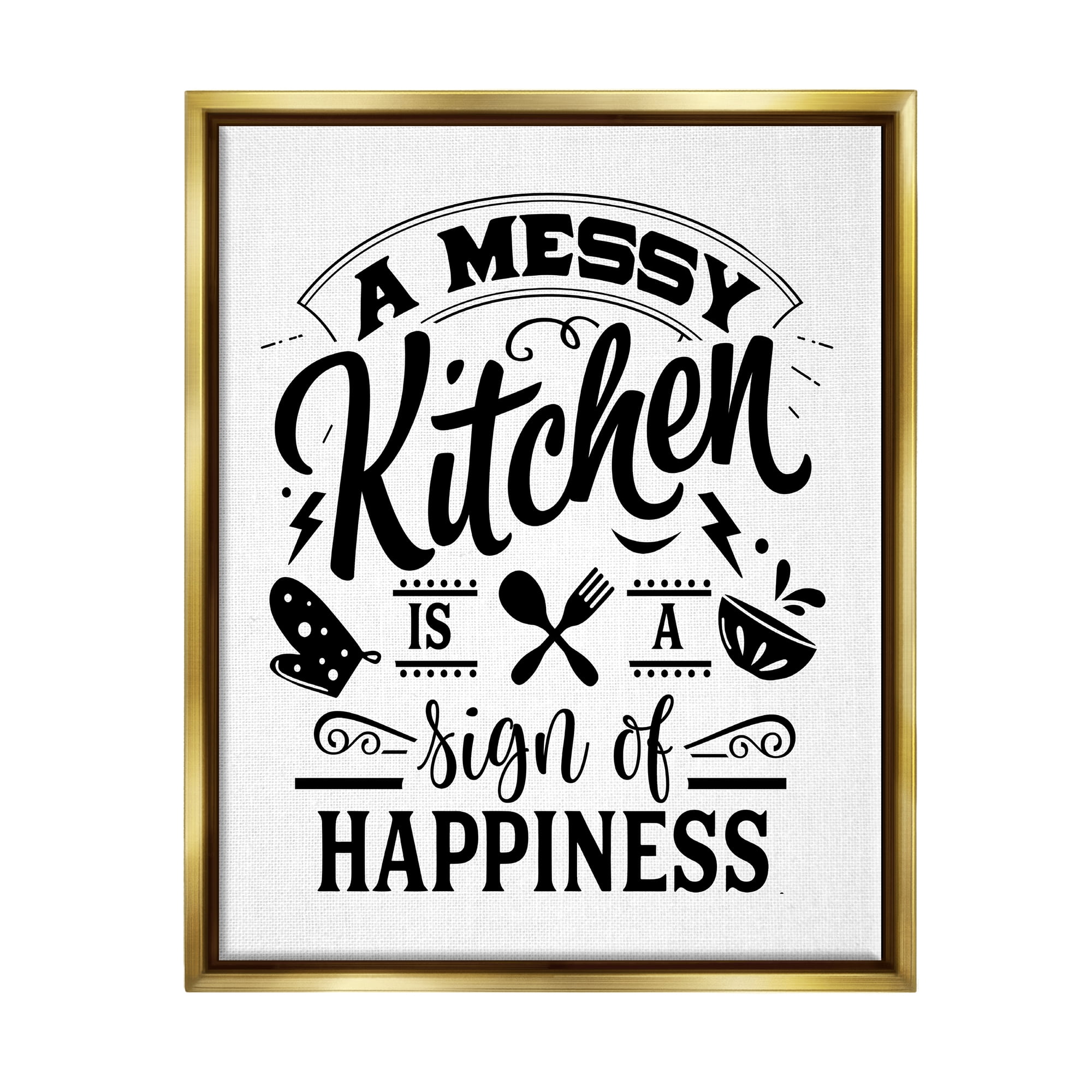 Stupell Industries Kitchen Happiness Retro Style Casual Silverware Motif Graphic Art Metallic Gold Floating Framed Canvas Print Wall Art, Design by Lettered and Lined
