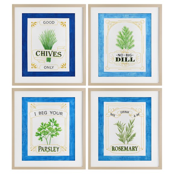 Stupell Industries Kitchen Herb Puns 4 Piece Birch Framed Print Under Glass Set design by Lara Beeston, 21 x 17