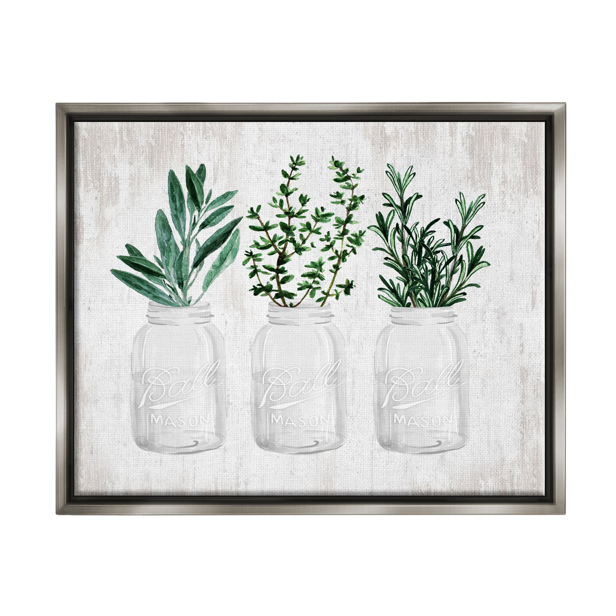 Stupell Industries Kitchen Herbs in Jars Botanical & Floral Painting Gray Floater Framed Art Print Wall Art, 31 x 25