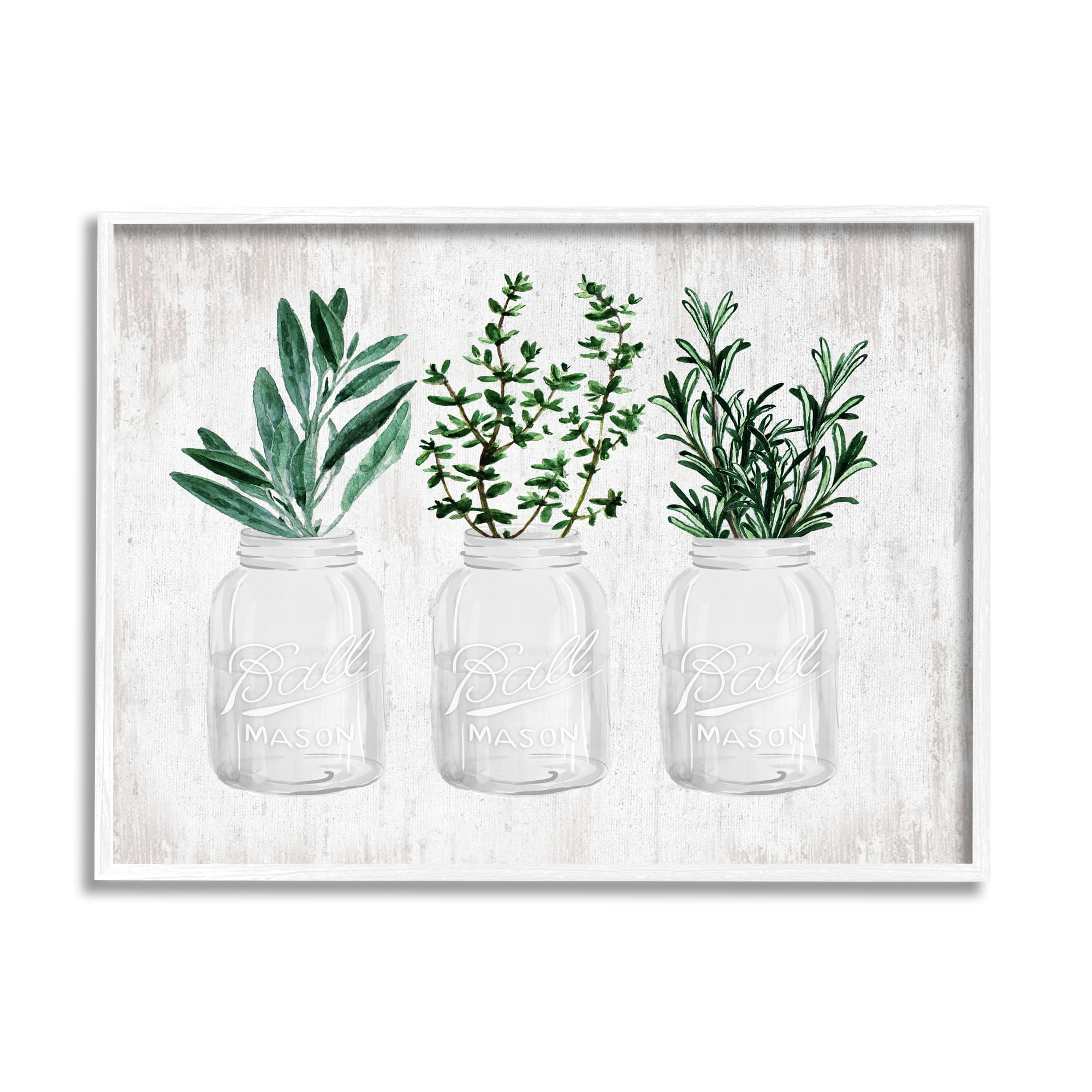 Stupell Industries Kitchen Herbs in Jars Botanical & Floral Painting White Framed Art Print Wall Art, 14 x 11