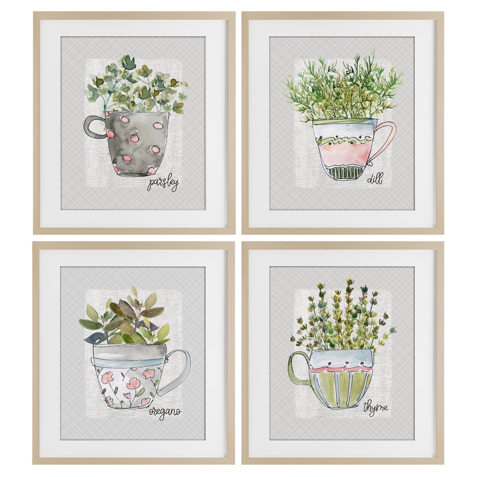 Stupell Industries Kitchen Herbs in Mugs 4 Piece Birch Framed Print Under Glass Set, design by Livi Finn