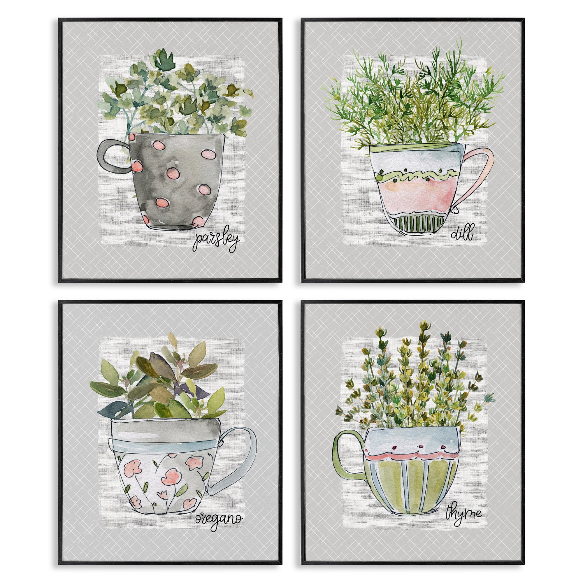 Stupell Industries Kitchen Herbs in Mugs 4 Piece Black Framed Giclee Art Set, design by Livi Finn