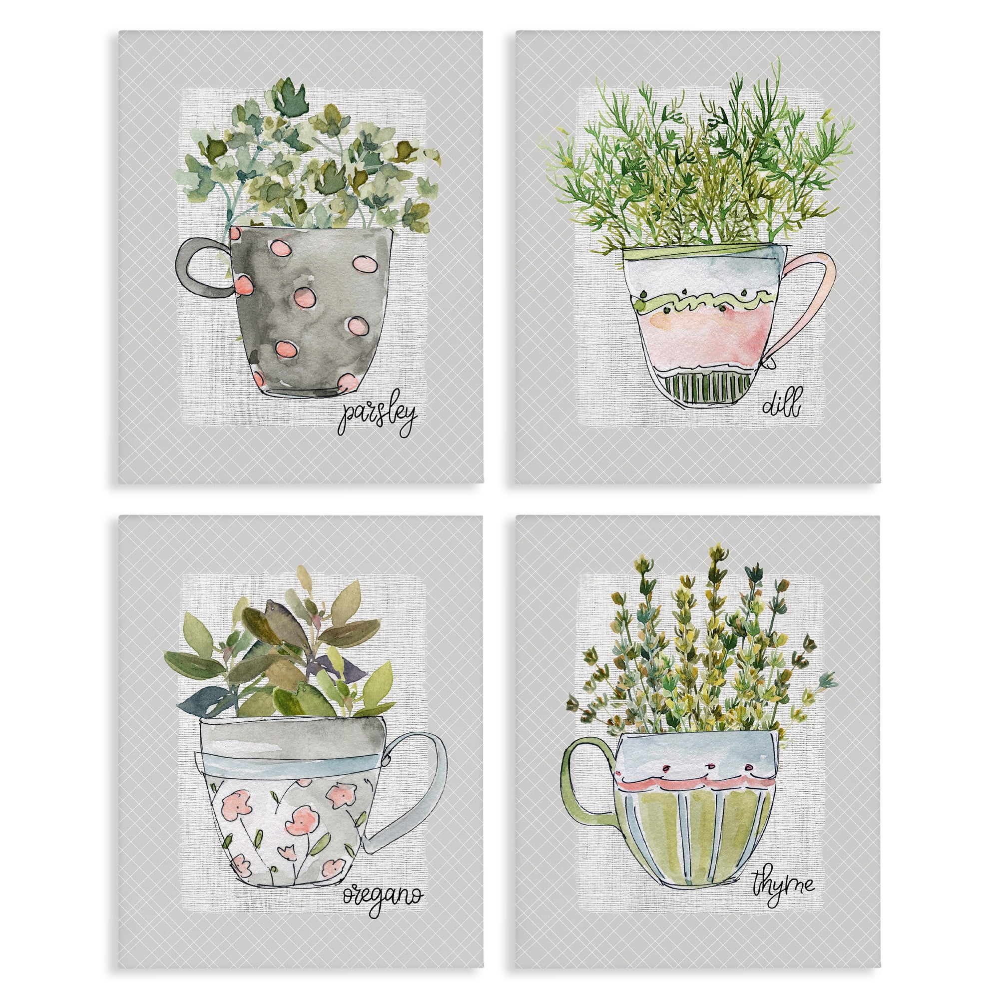 Stupell Industries Kitchen Herbs in Mugs 4 Piece Canvas Wall Art Set, design by Livi Finn